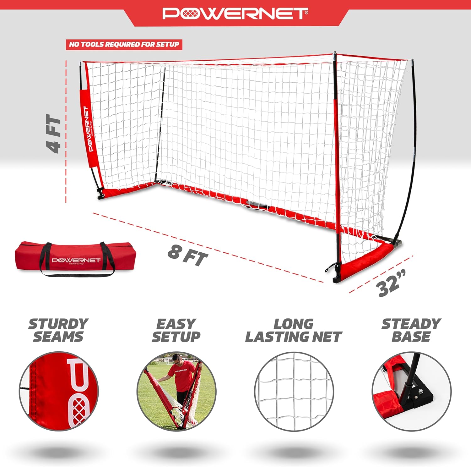 PowerNet Soccer Goal for Backyard, 3Mx2M / 6x4 / 8x4 / 12x6 / 14x7 /18.5x6.5 / 21x7 / 24 x 8 Portable Soccer Net, Sports & Outdoors Training Equipment, Quick Setup 1 Goal & Zipper Storage Bag