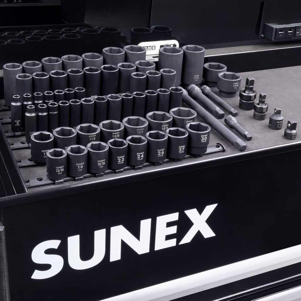 SUNEX 1068 3/8' & 1/2' Drive SAE & Metric 6 Point Standard & Deep Master Impact Socket Set, 68-Piece
