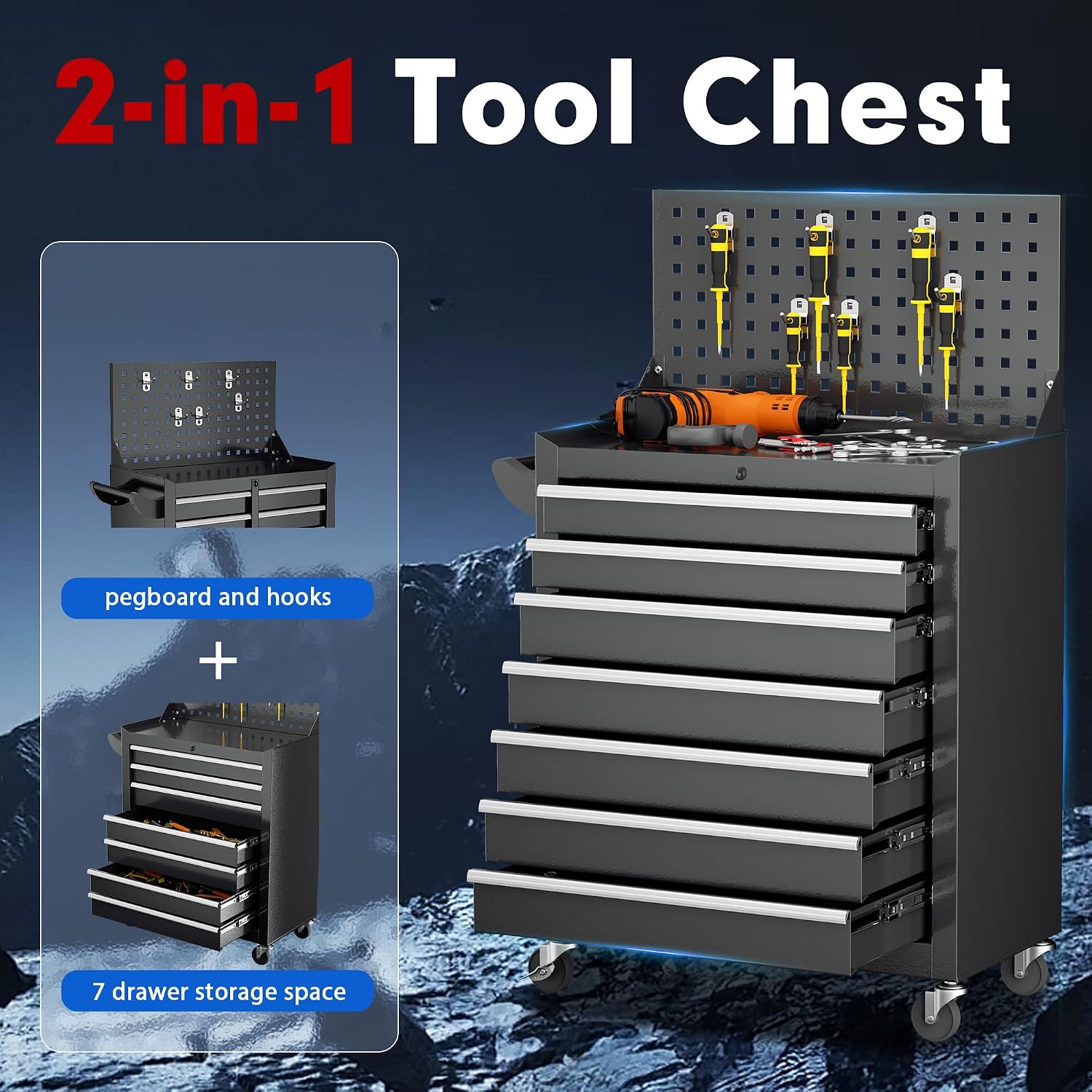 Superday Rolling Tool Chest, 7 Drawer Portable Tool Chest with Wheels, Tool Storage Cabinet with Lock for Garage, Steel Tool Cart with Pegboard & Hooks for Workshop, Warehouse (Black)