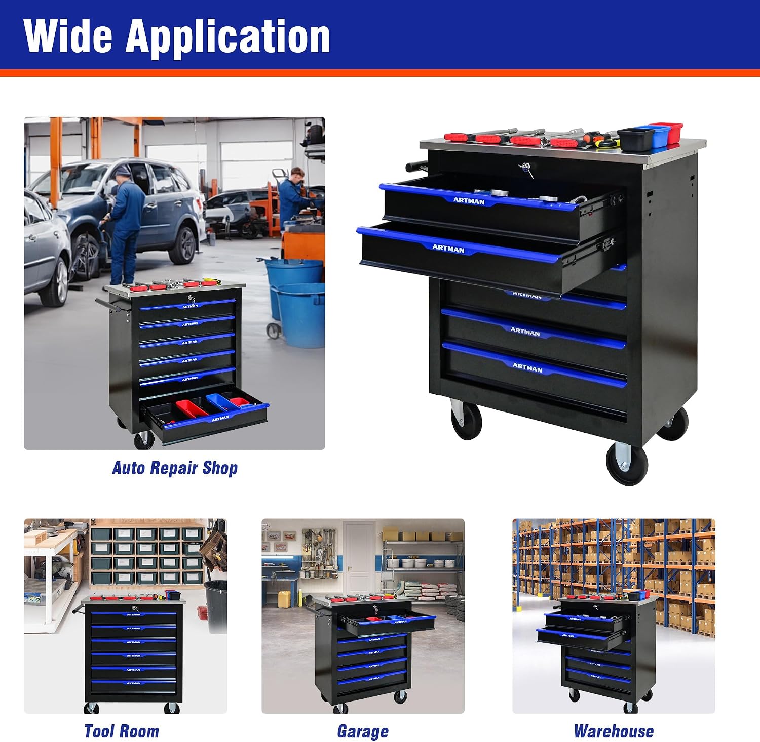 6 Drawers Rolling Tool Box on Wheels, Stainless Steel Countertop Multifunctional Tool Chest Cabinet with Lock, Drawers Rolling Tool Cart Trolley Organizer Tool Storage Case for Garage,Warehouse