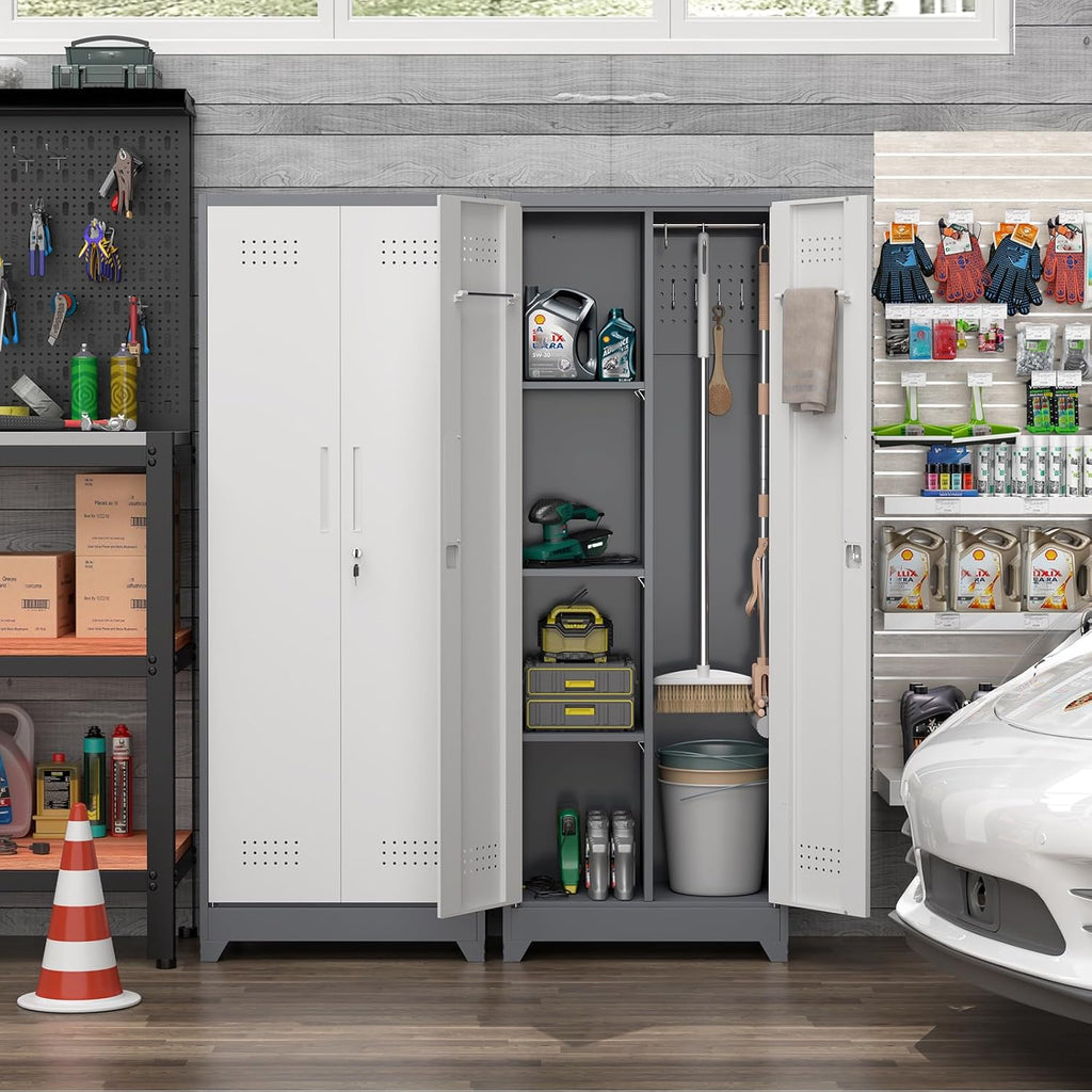 65' H Metal Garage Storage Cabinets with Doors and Shelves, Locking Cabinet, Broom Closet Storage Cabinets with Hanging Rod, Functional Tool Cabinet for Home, Garage, Kitchen