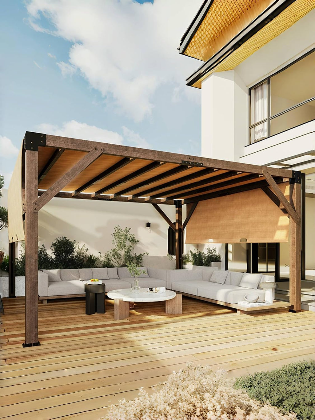 KYBOLT 12 X 14 Ft Wood Pergola with Retractable Sunshade Canopy, Solid Structure, Outdoor Pergola for Backyard, Deck, Garden (Reddish-Brown)