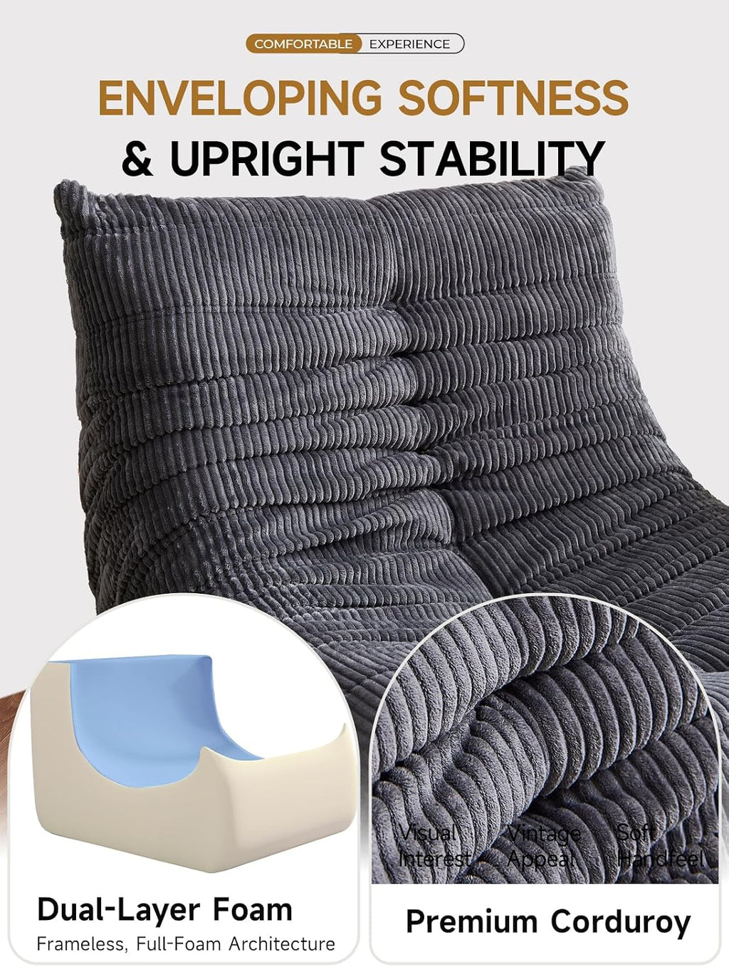 ZCUBED Large Bean Bag Chairs for Adults, Memory Foam Lounge Chair, Soft Corduroy Big Bean Bag Chair Lazy Sofa, Comfy Floor Beanbag Chair Single Sofa for Bedroom Living Room Fireside Book Nook, Grey