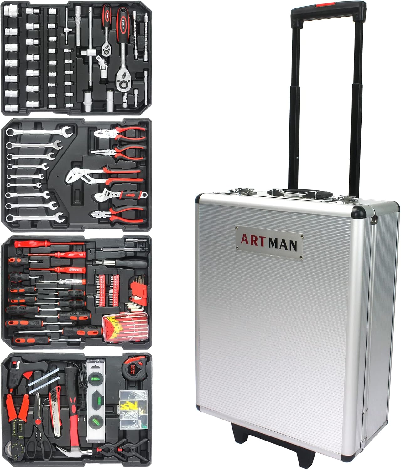 Leavader 889 Pcs Aluminum Trolley Case Tool Set with Wheels, Four-Layer Tool Kit with Rolling Tool Box, Portable Toolbox Storage Case with Drawer for Repair Gift on Father's Day