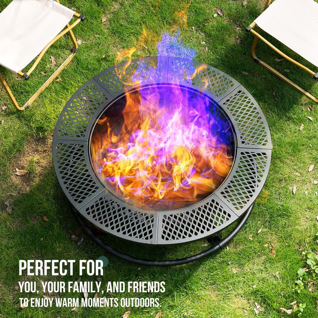 Panovue 42 Inch Outdoor Fire Pit with Grill, Large Firepit Table for Outside, Metal Round Firepits with Lid&Fire Poker,3 in 1 Wood Burning Fire Pits & Outdoor Fireplaces for Backyard,Patio(42'' Black)