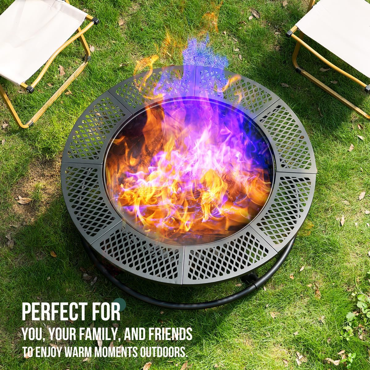 Panovue 42 Inch Outdoor Fire Pit with Grill, Large Firepit Table for Outside, Metal Round Firepits with Lid&Fire Poker,3 in 1 Wood Burning Fire Pits & Outdoor Fireplaces for Backyard,Patio(42'' Black)