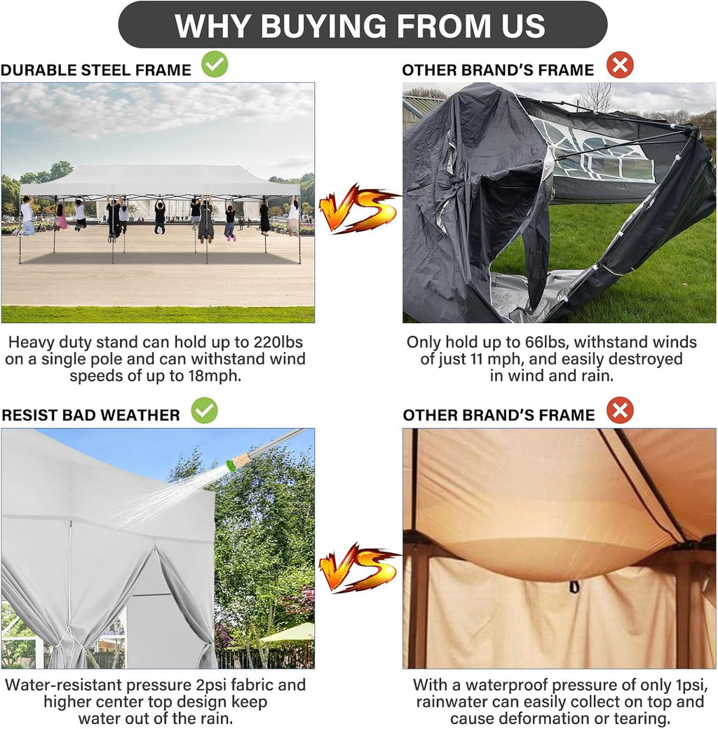 COBIZI 10x30 Heavy Duty Pop Up Canopy Tent with 8 Sidewalls Thicken Frame, Commercial Easy Up Outdoor Wedding Party Tents, All Season Waterproof Windproof with Stakes Sandbags Ropes Roller Bag, Cream