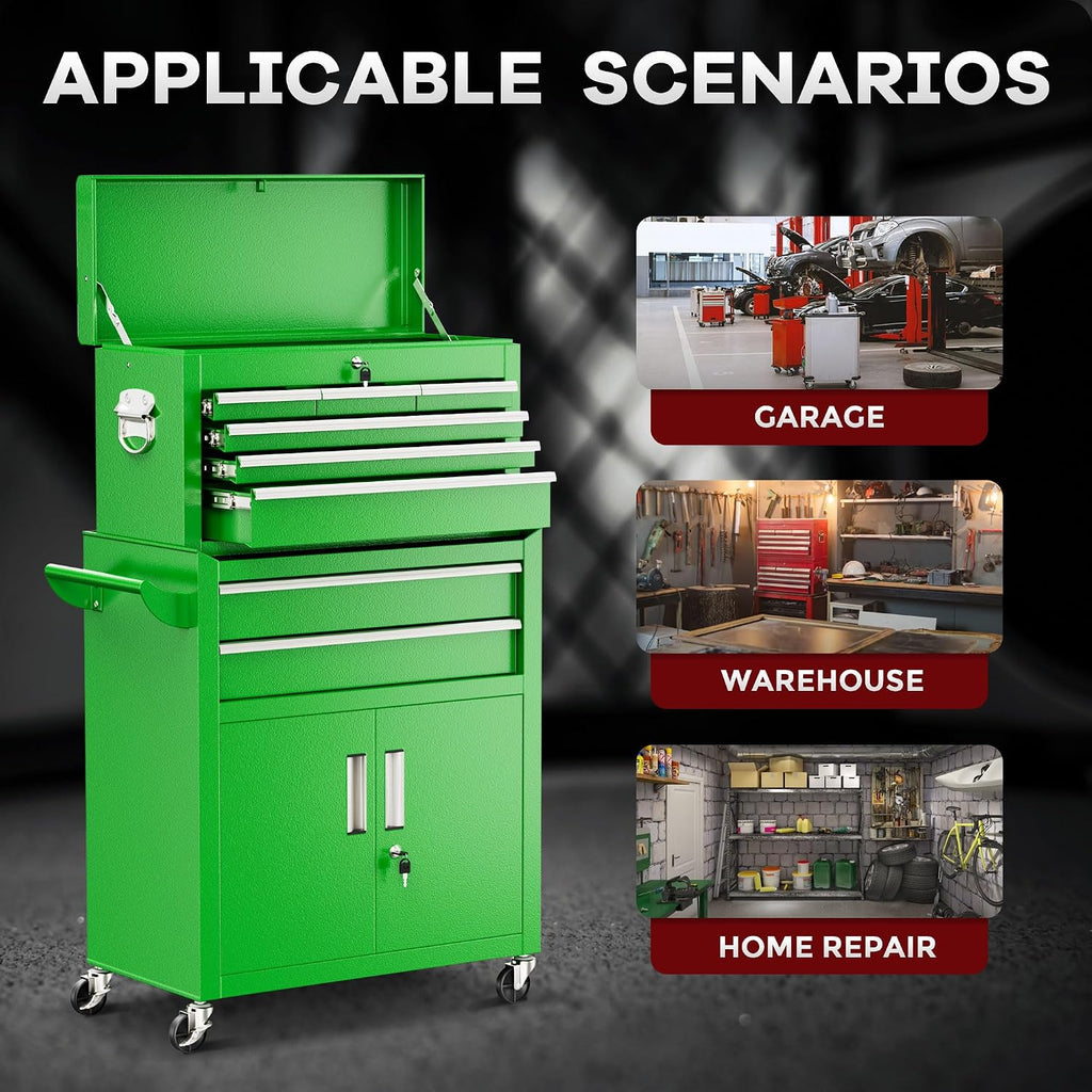 Bonusall 8 Drawer Rolling Tool Chest and Cabinet Combo,Heavy-Duty Metal Garage Tool Chest with Wheels and 2 Doors,2-in-1 Top Box and Roller Cabinet Combo for Garage, Workshop, Warehouse-Green