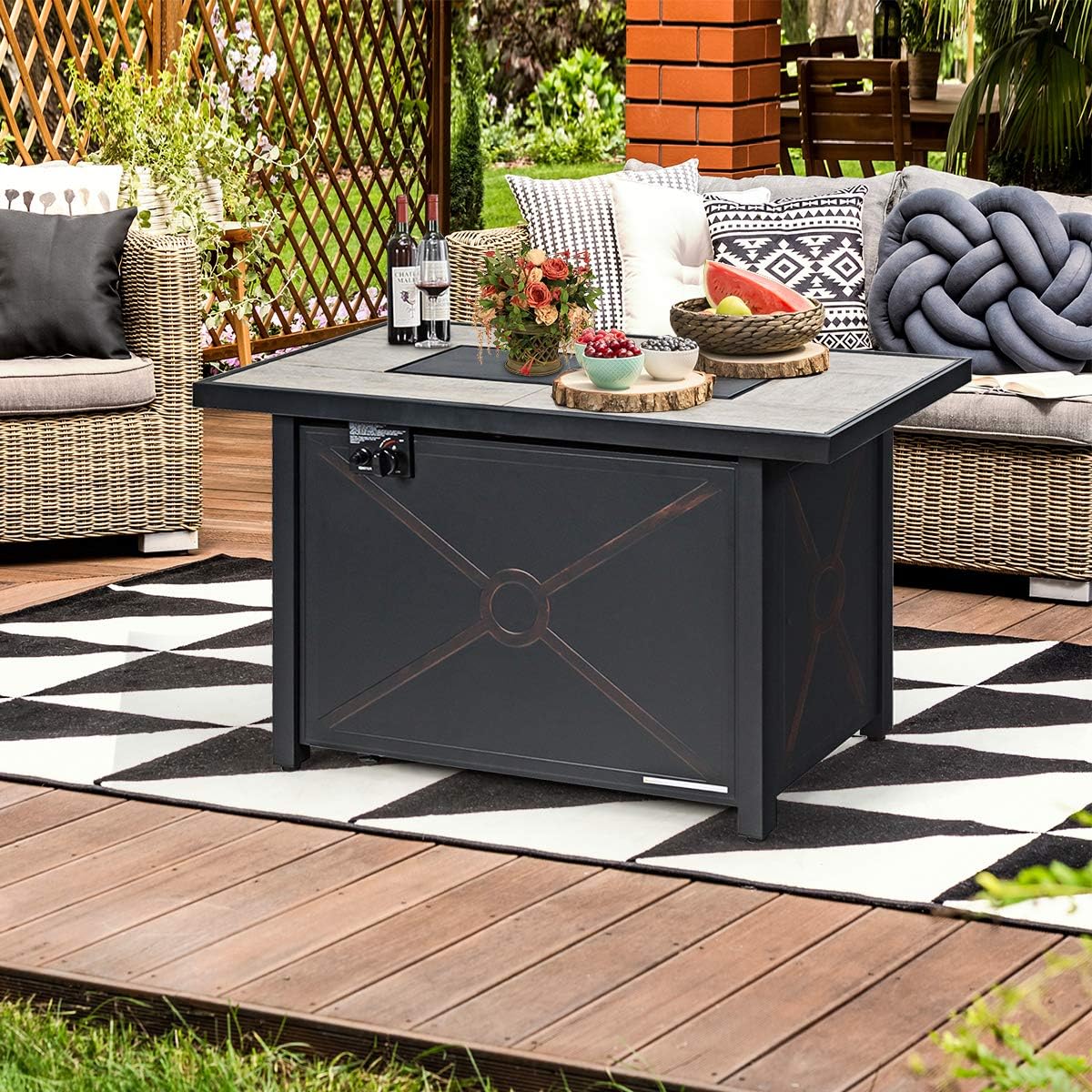 Giantex Gas Fire Pit Table w/Ceramic Tabletop, 42 Inch 60,000 BTU Rectangular Propane Fire Pit Table, Outdoor Electronic Ignition Propane Heater w/Table Cover, Waterproof Cover, Lava Rock