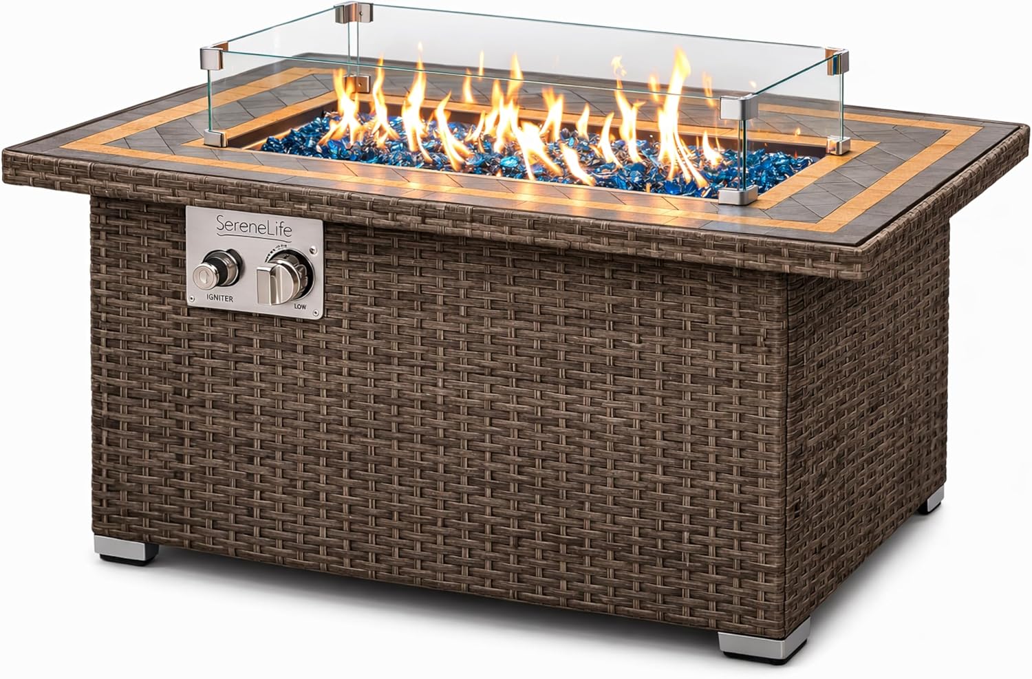 SereneLife Outdoor Propane Fire Pit Table, 50,000 BTU Wicker Gas Firepit with Tile Tabletop, with Glass Wind Guard and Decorative Glass Stones, CSA Certified, Weatherproof Cover, 43'x27'x25'