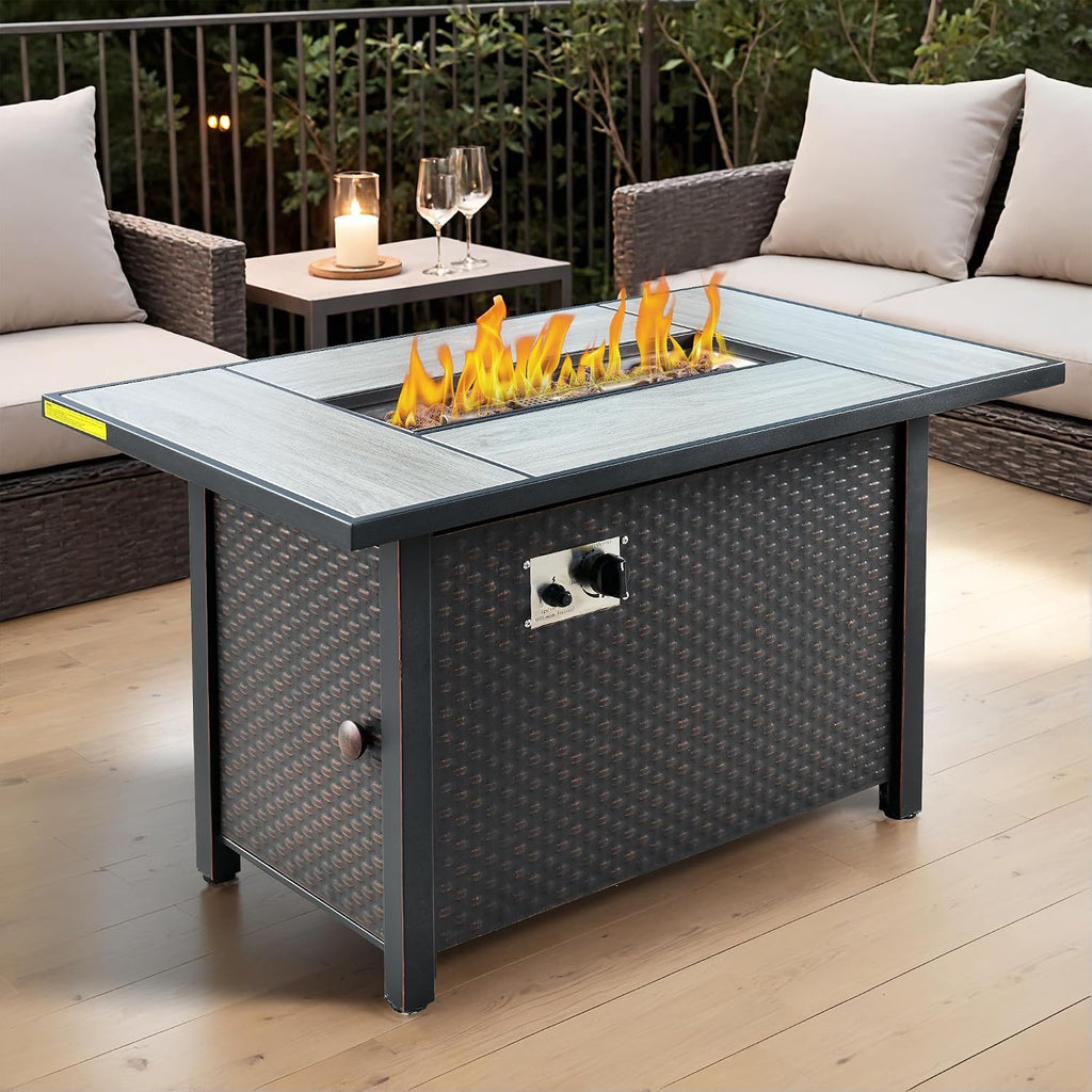 OVIOS 42' Outdoor Propane Fire Pit Table, 50,000 BTU Rectangular Steel Firepits with Ceramic Tabletop, Waterproof Cover, Lid, Lava Rock for Patio Deck Garden, Black