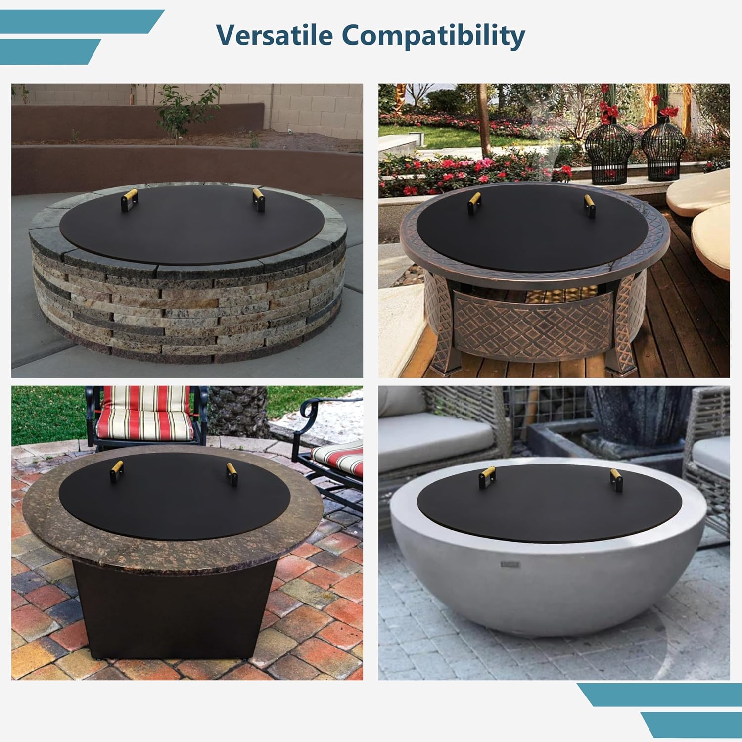 Round Fire Pit Lid - 38 inch fire Pit lid Metal W/Wooden Handles Fit for Bonfire Pits or Propane FirePit Fire Tables, Weather Resistant Outdoor Firepit & Smokeless FirePit Snuffer Lid Cover as Table