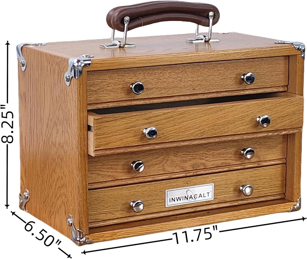 Oak Wood 4 Drawers Portable Toolbox, Leather Handle, FT0104