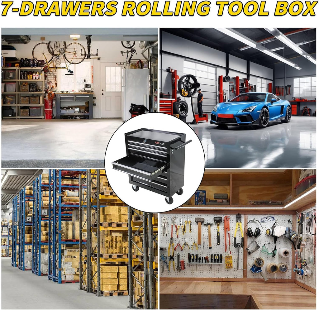 7-Drawer Rolling Tool Chest with 7-Drawer Tool Box with Wheels Multifunctional Tool Cart Mechanic Tool Storage Cabinet for Garage, Black