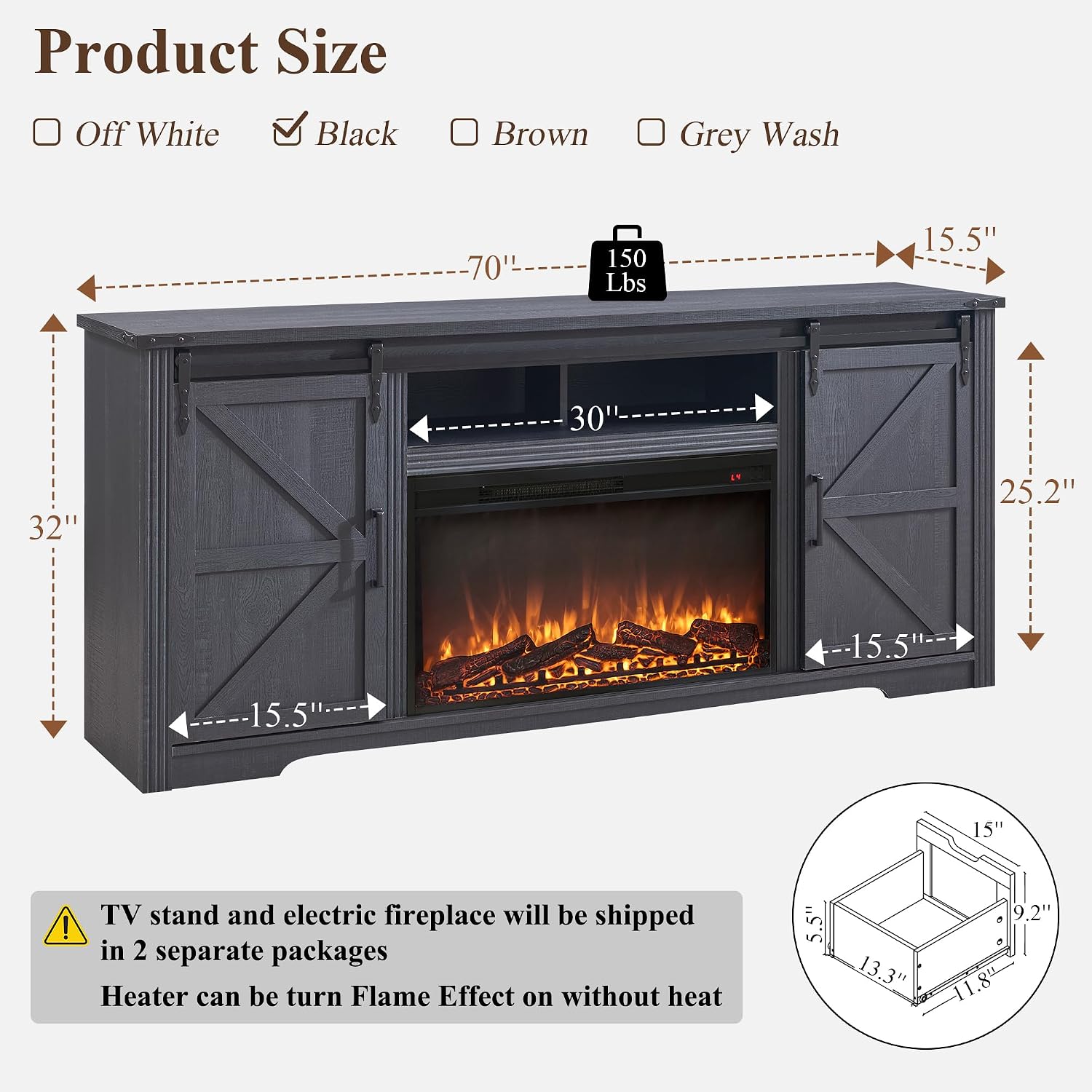 JXQTLINGMU Farmhouse Fireplace TV Stand for 80 Inch TV, 32' Tall Entertainment Center w/Drawer & Sliding Barn Door, 70 Inch Highboy Media Console for Living Room, Black