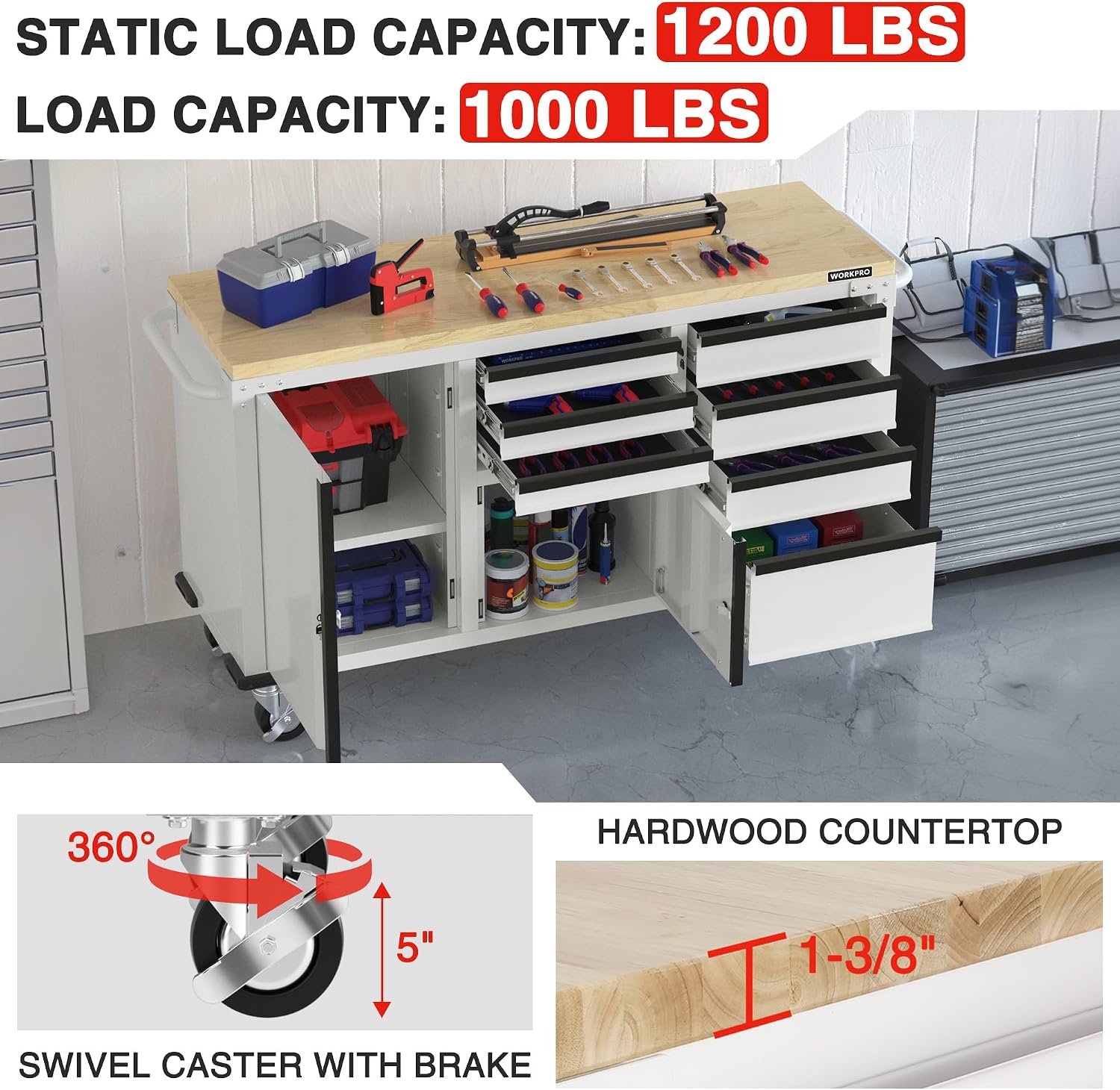 WORKPRO 62' x 20' 7-Drawer & 2-Door Rolling Tool Chest, Mobile Tool Storage Cabinet with Power Strip, Locking System, Heavy Duty Rolling