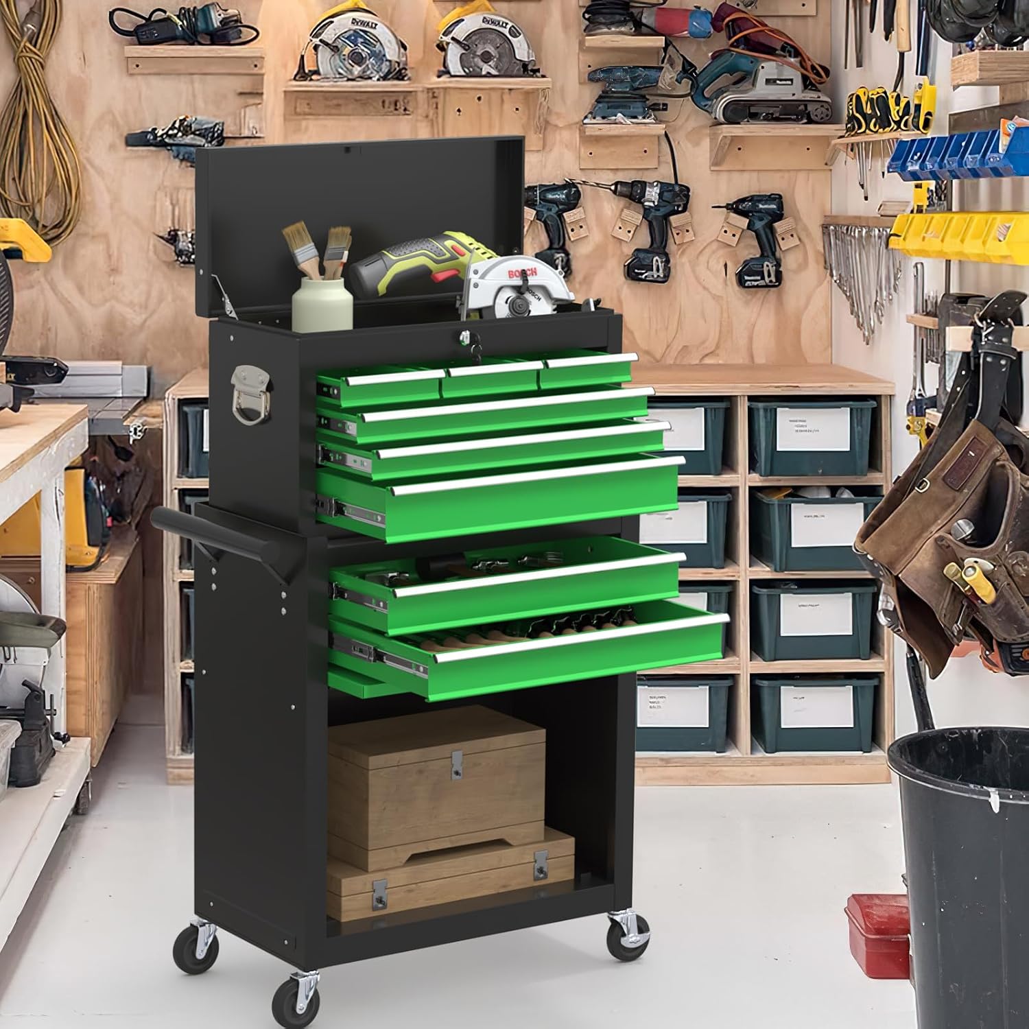 High Capacity Rolling Tool Boxes with Wheels and Drawers, 8-Drawer Storage Cabinet,Detachable Organizer Combo,Mobile Lockable Toolbox for Workshop Mechanics Garage (Blackgreen)