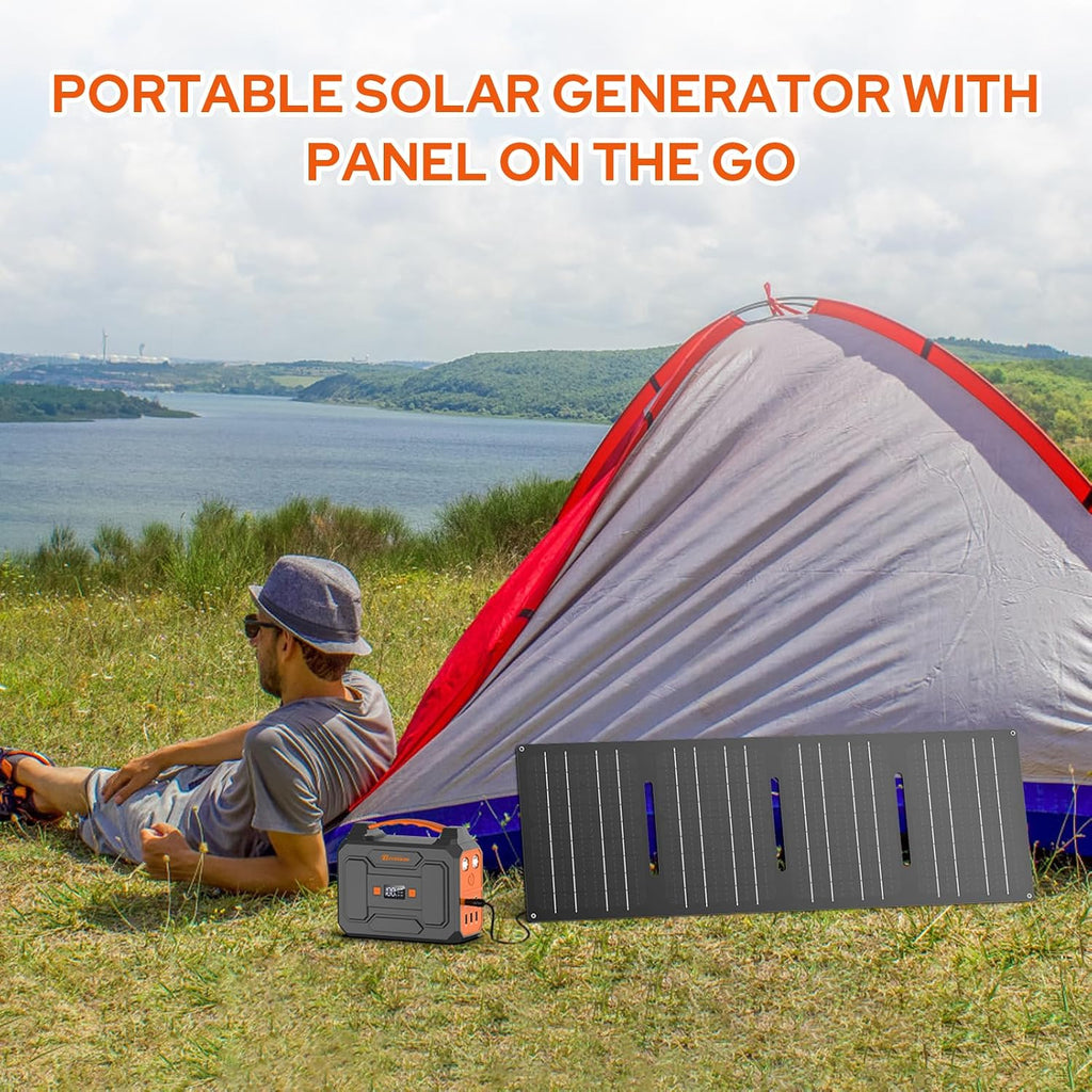 100W Portable Power Station with Foldable Solar Panel, 110V Camping Power Bank with AC Outlet, Rechargeable Battery Solar Generator Power supply for Smart Device Outdoor RV Travel, Emergency Backup