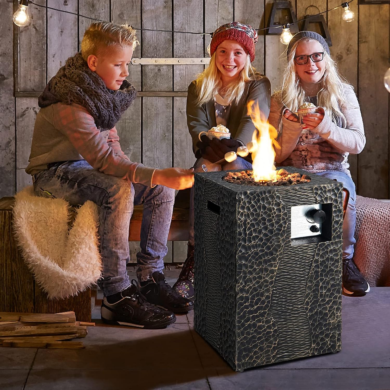 Tangkula 16 Inch Patio Propane Fire Pit, Patiojoy Electronic Ignition Square Gas Fireplaces with Protective Cover, 30,000 BTU Outdoor Fire Pit with Lava Rocks, Touch-up Pen for Backyard, Patio (Black)