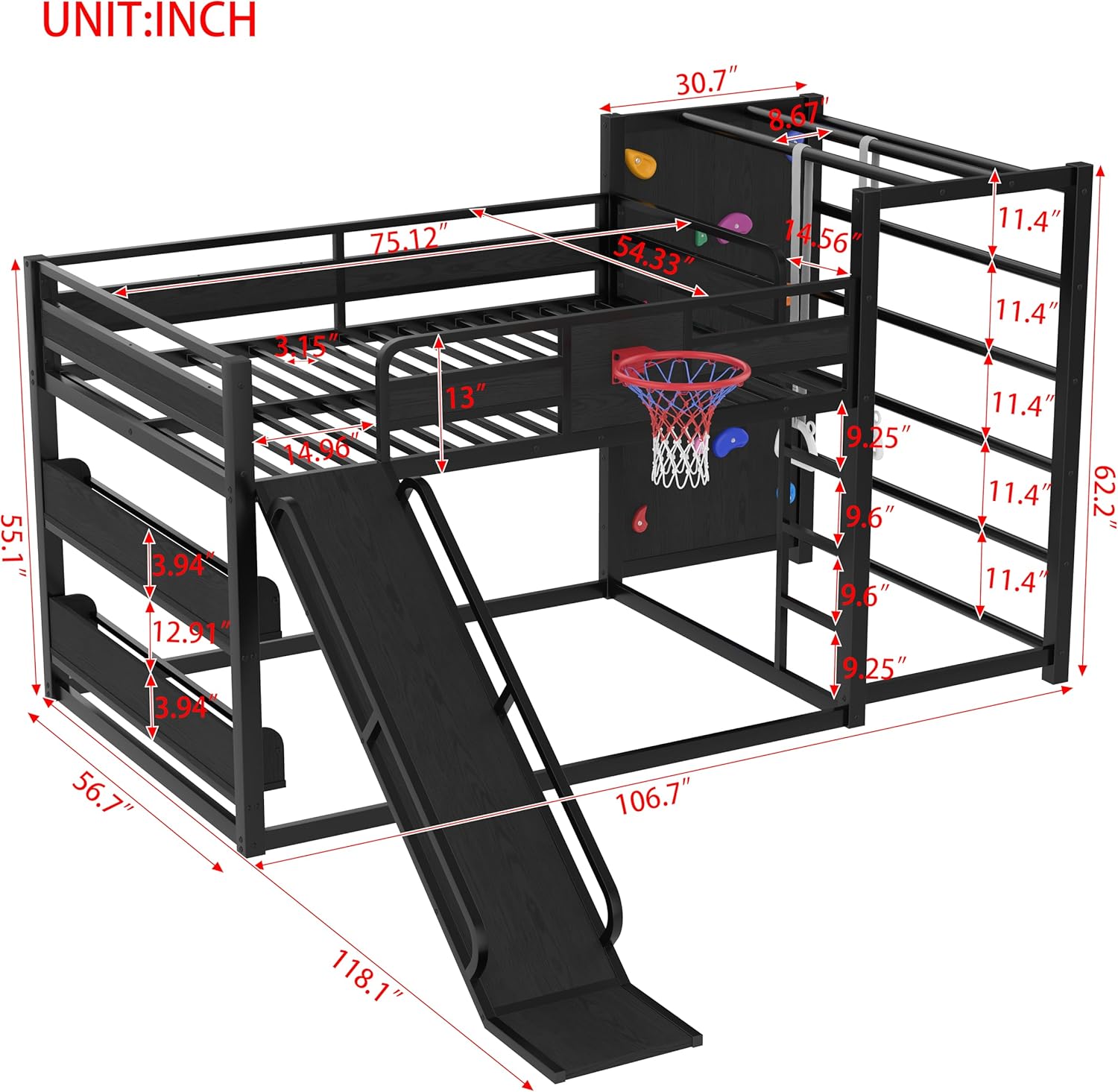 SOFTSEA Full Size Metal Loft Bed with Slide, Heavy Duty Bunk Bed with Bookshelves, Basketball Hoop, Climbing Wall & Pull Up Rings for Kids Teens, Playful Basketball Slide Bed Loft Bed Frame, Black