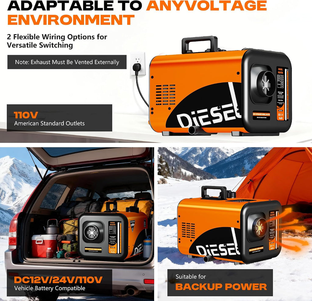 7L Large Diesel Heater, 8KW 240V/110V/12V/24V All in One Diesel Air Heater with LCD Switch, Remote Control, Suitable for Truck, RV, Home, Car, Campers, Boat, Orange