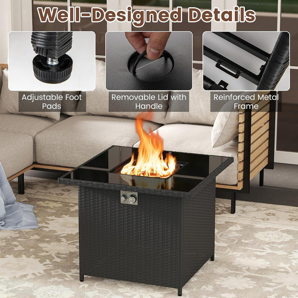 Tangkula 32.5 Inch Propane Fire Pit Table, Outdoor Rattan Gas Firepit with Tempered Glass Tabletop & Stainless Steel Burner, Square Fire Pit with Lava Rocks & Protective Cover for Outside Patio