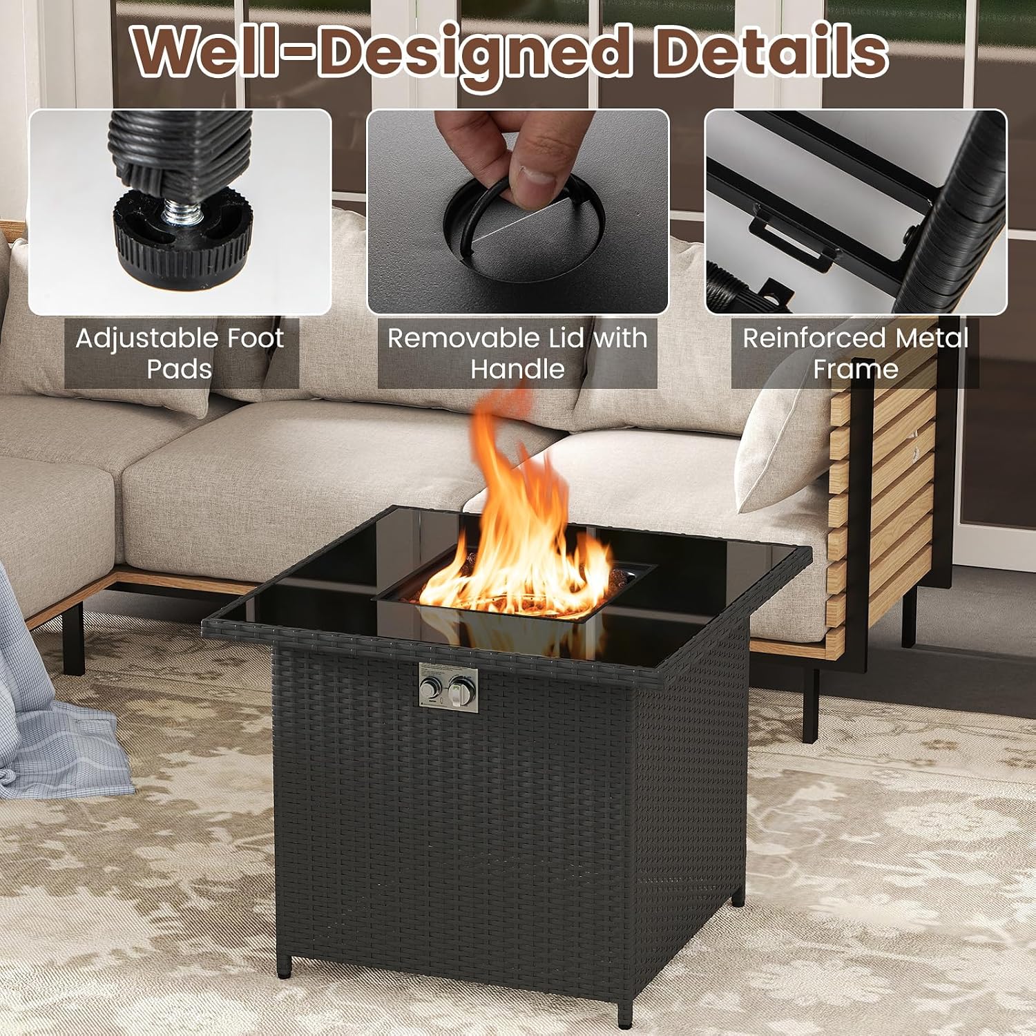 Tangkula 32.5 Inch Propane Fire Pit Table, Outdoor Rattan Gas Firepit with Tempered Glass Tabletop & Stainless Steel Burner, Square Fire Pit with Lava Rocks & Protective Cover for Outside Patio