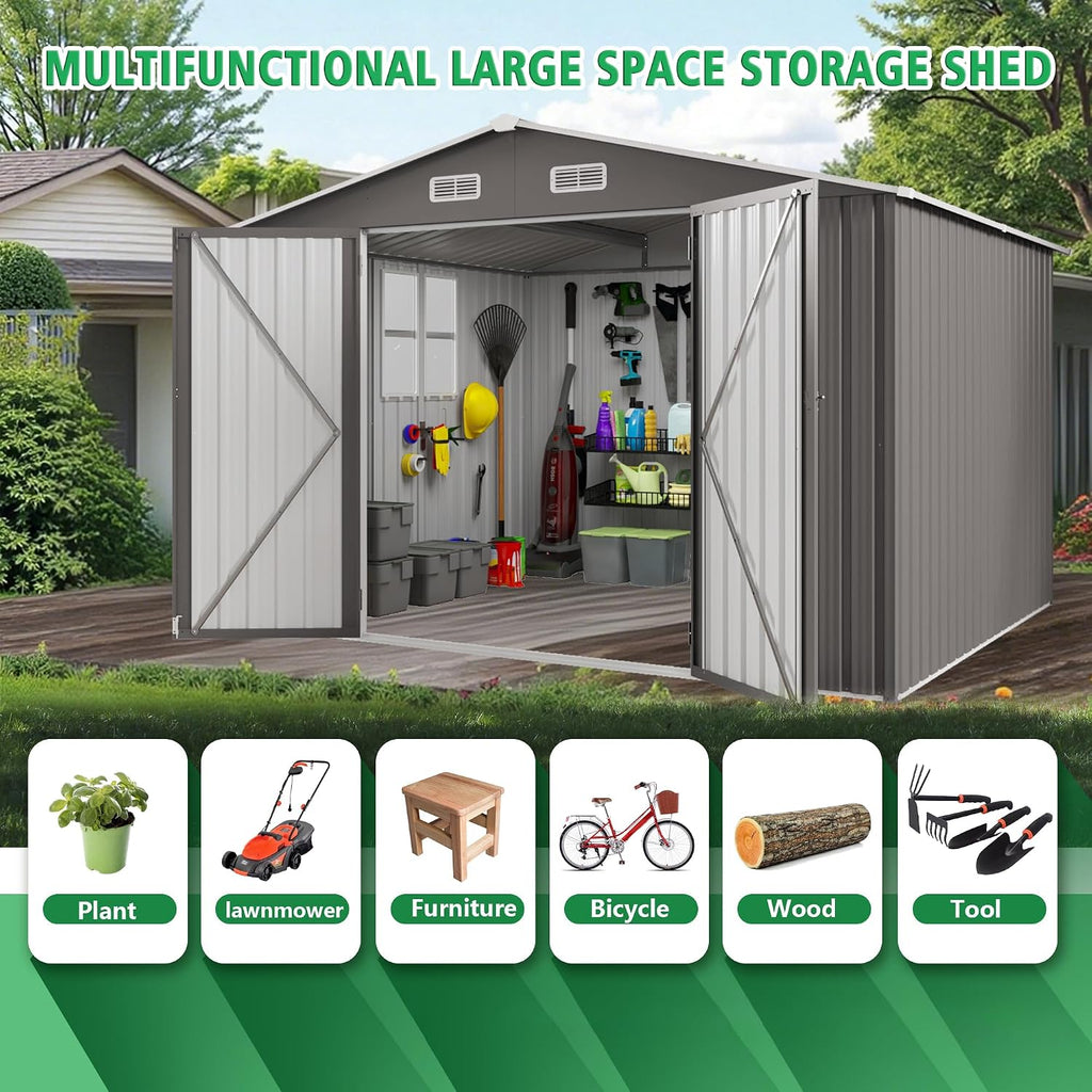 10x12 FT Outdoor Metal Storage Shed, Large Garden Backyard Tool Shed with Lockable Door, Windows and Vents, Multi-Purpose Outside Bike Storage Sheds for Patio, Lawn, Poolside, Generator, Gray