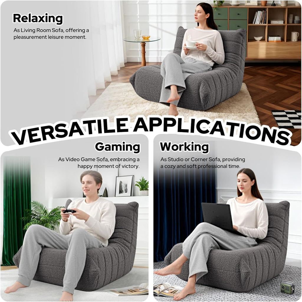 HABUTWAY Bean Bag Chairs Fireside Lazy Floor Sofa, Soft Teddy Fleece Bean Bag Sofa with High-Resilience Foam Filling，Beanbag for Living Room, Bedroom, Office (Dark Grey Teddy)