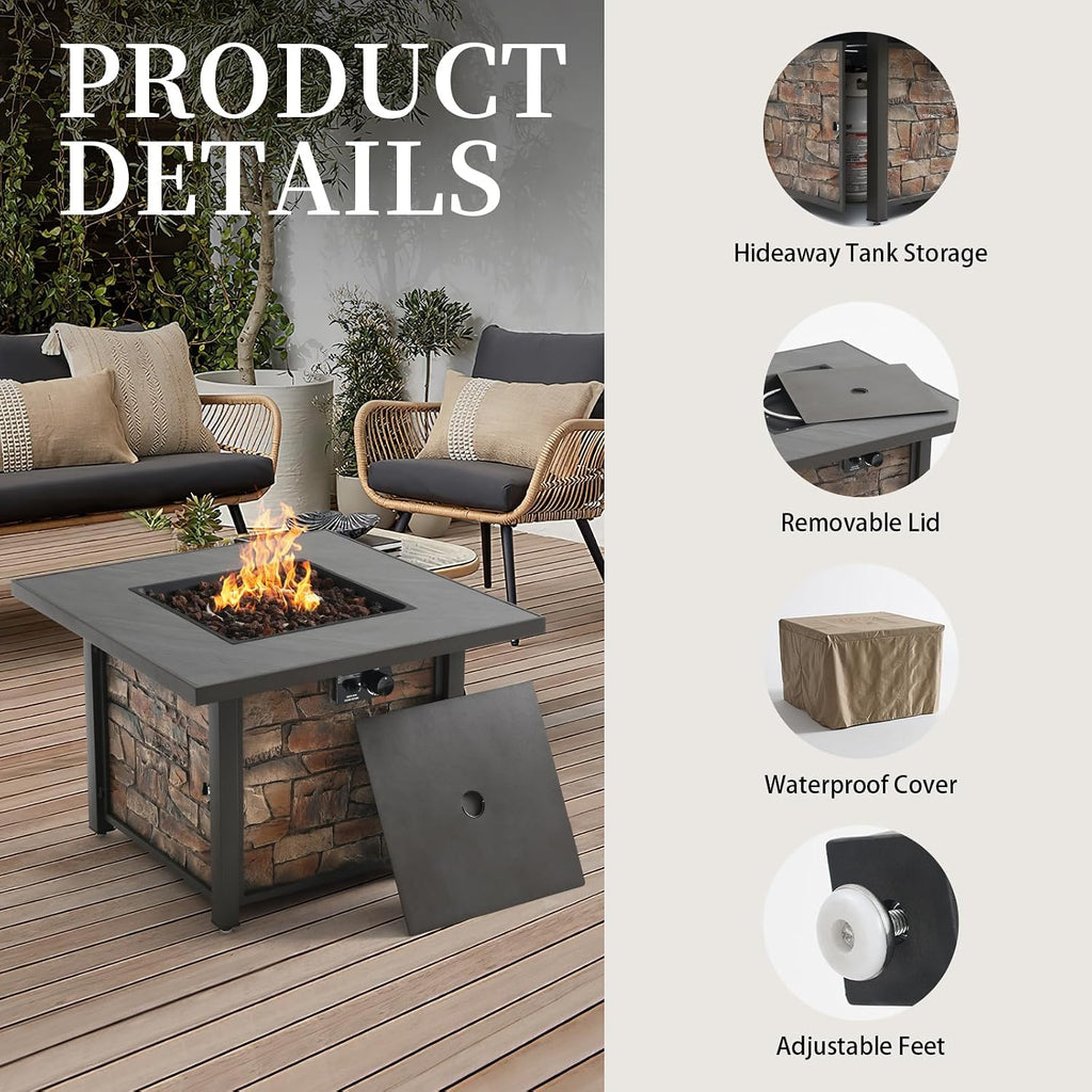 36'' Propane Gas Fire Pit Table, Sintered Stone Tabletop & Polyresin Stone Look Panel, 50000 BTU Gas Fire Pit for Outside Patio and Garden, with Metal Lid & Lava Rocks