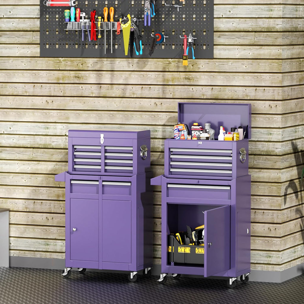 5-Drawer Rolling Tool Chest - Heavy-Duty Steel Tool Cabinet with Detachable Top Box, Locking Wheels & Security System for Garage/Workshop, 2-in-1 Design (Purple)