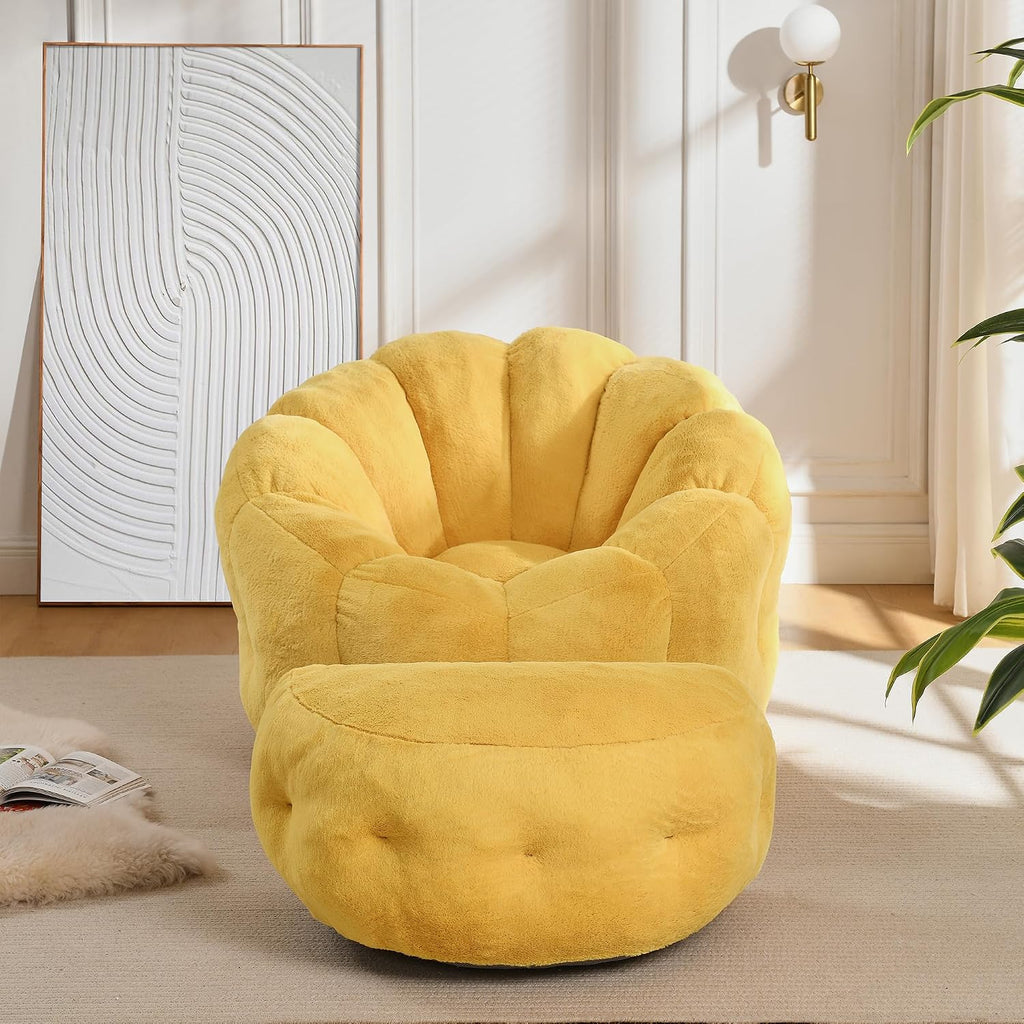 Bean Bag Chair with Ottoman, Flower Shape Bean Bag Chairs for Adults and Teens, Comfy Plush Faux Fur Bean Bags for Living Room, Bedroom, Apartment, Dorm, Yellow