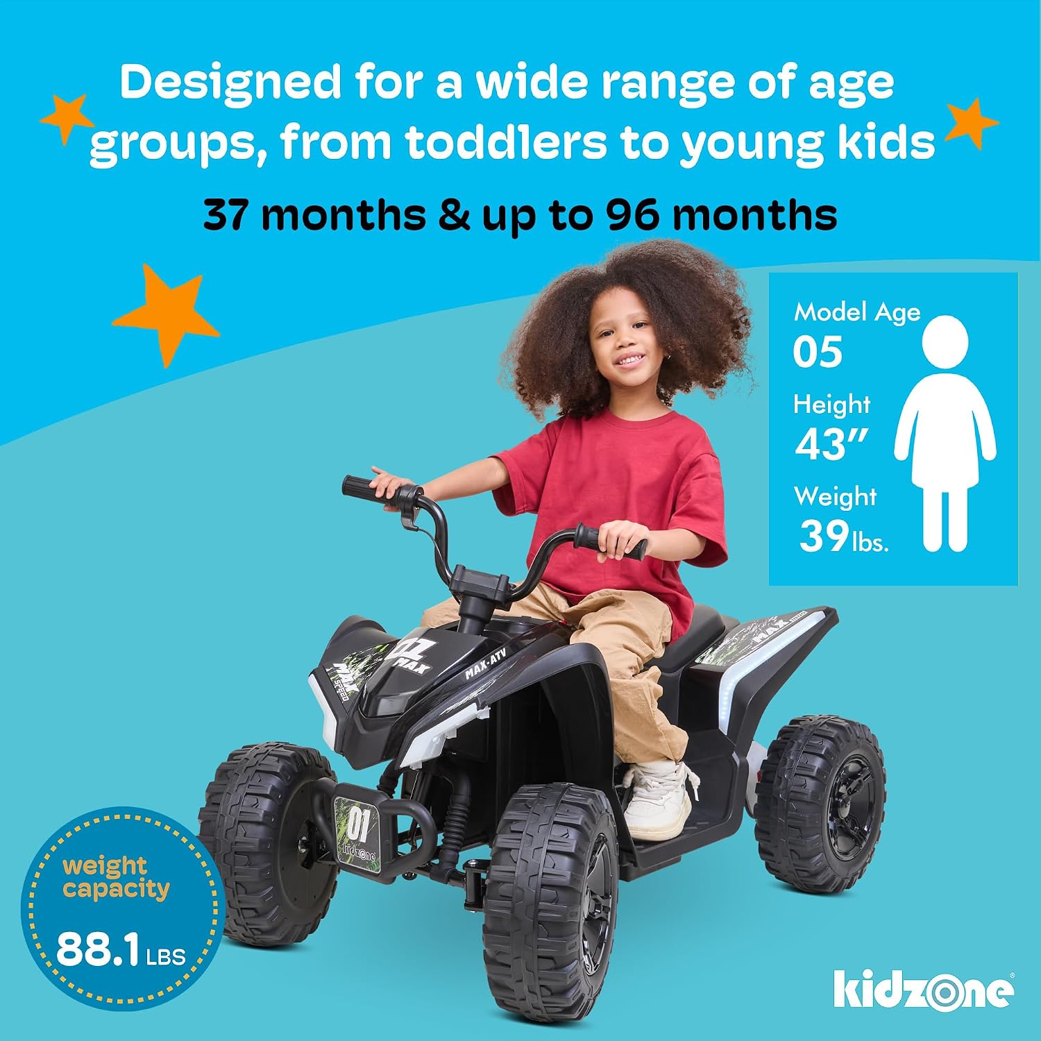 Kidzone 24V Ride On ATV for Kids, 4-Wheel Electric Toy with Bluetooth & USB Music, LED Lights, Rear Suspension, Forward/Reverse, 3.7 MPH Max Speed, 88 LBS Capacity, 37-96 Months - Forest