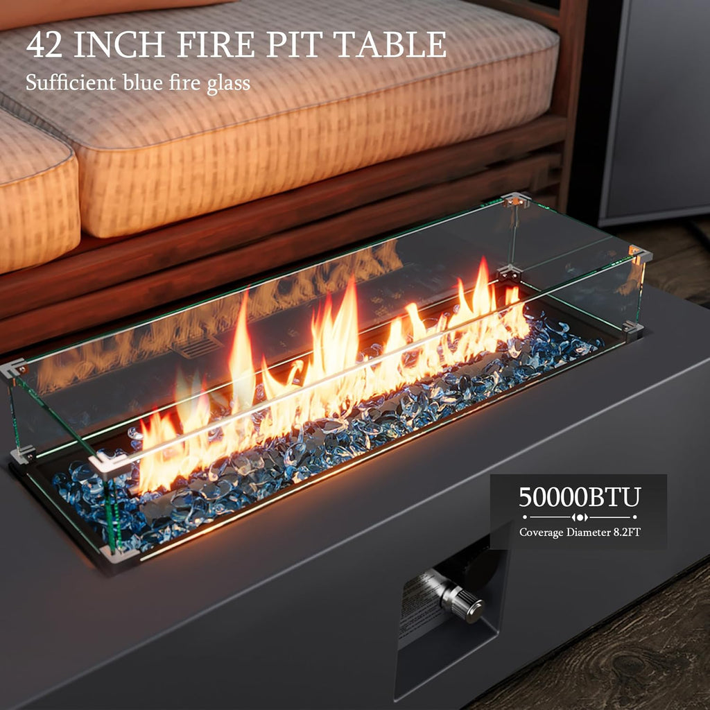 UPHA 42-inch Outdoor Propane Gas Fire Pit Table 50000 BTU Iron Rectangle Firepit for Outside Patio with Tank Hidden Table, Wind Guard, Removable Lid, Blue Glass Rocks, Rain Cover, Grey
