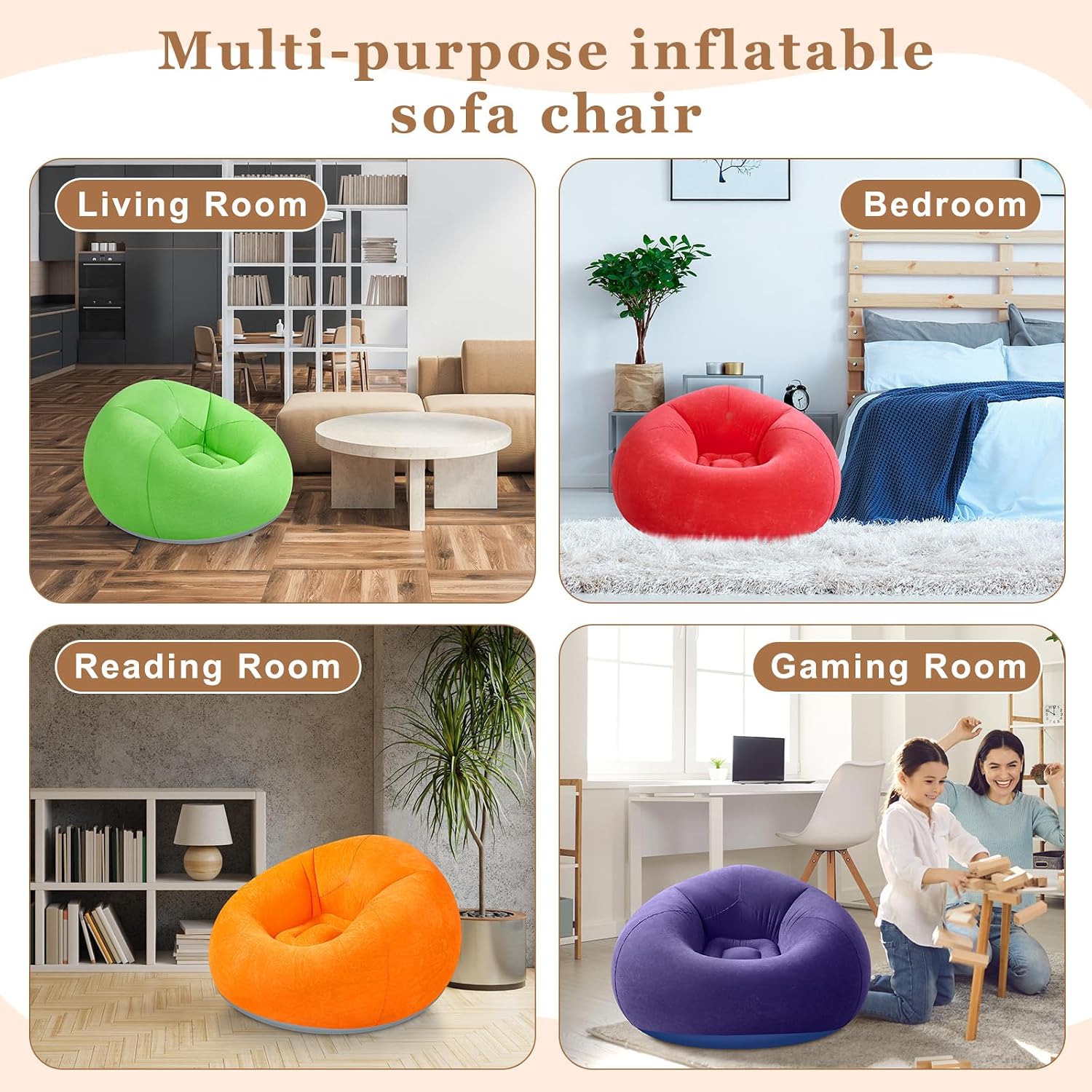 Realspring 6 9 12 Pcs Inflatable Bean Bag Chairs for Adults with Electric Air Pump, Blow up Couch Folding Portable Inflatable Couch Lazy Sofa for Outdoor Movie Night Camping(Colorful,6 Pcs)