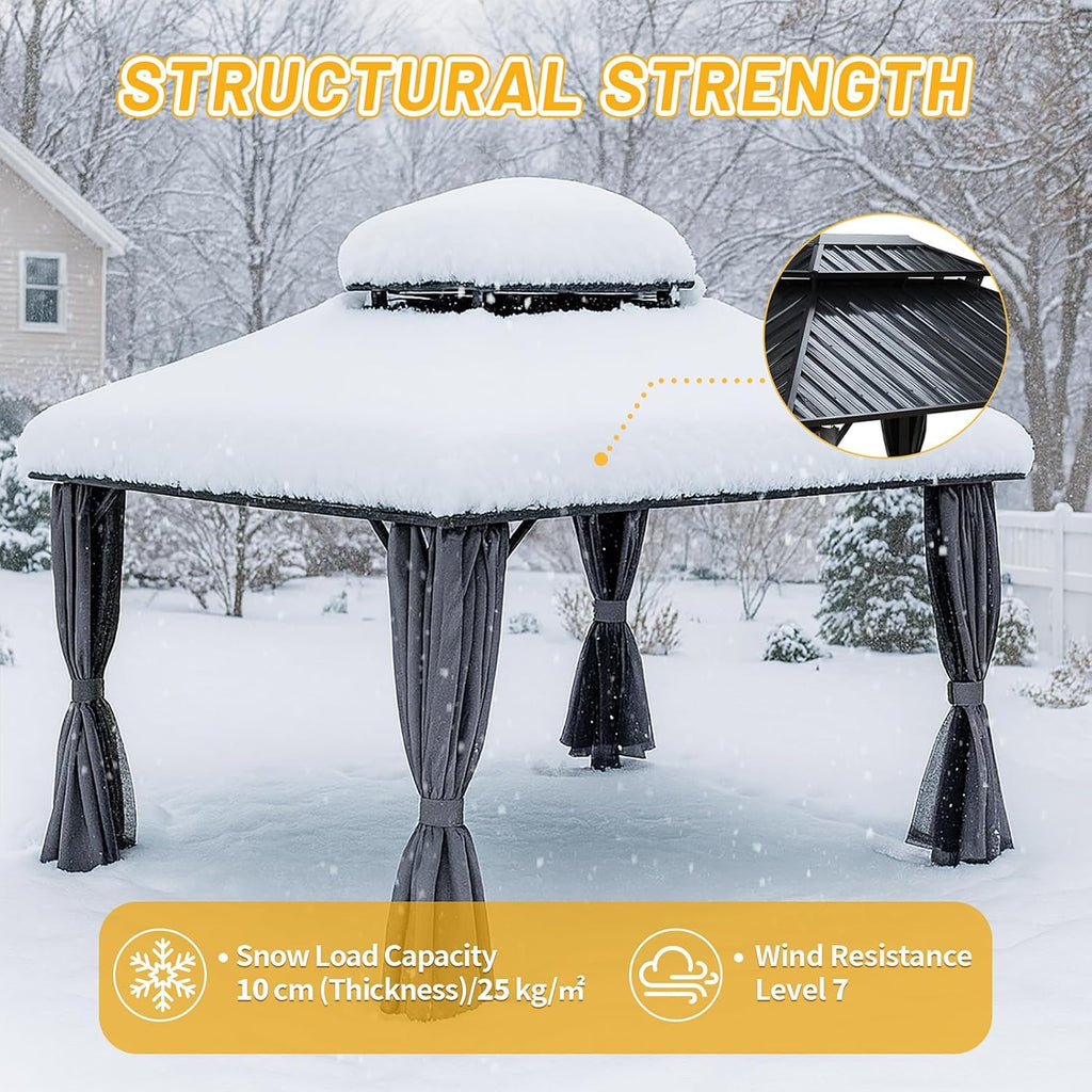 10x10 Hardtop Aluminum Gazebo, Outdoor Metal Gazebo with Netting & Curtains - Heavy Duty Iron Roof for Patios, Waterproof & Snow Load Resistant (Double Hardtop with Curtain & Netting)