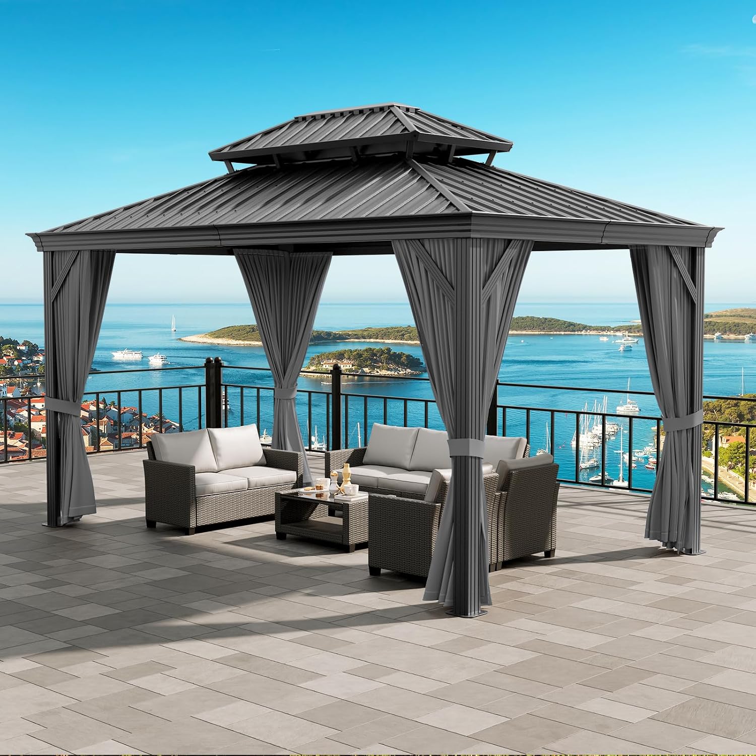 12'x16' Hardtop Gazebo, Heavy Duty Aluminum Permanent Hardtop Gazebo Outdoor Pavilion with Curtains and Netting for Garden