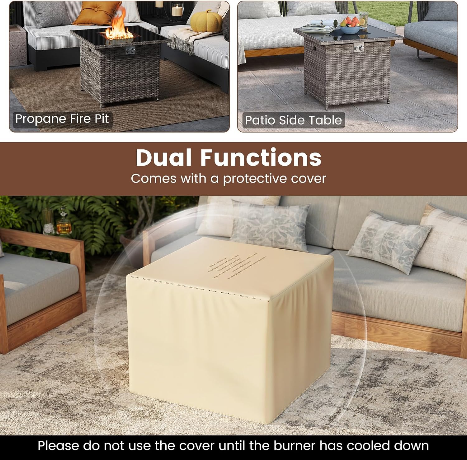 Tangkula 32.5 Inch Propane Fire Pit Table, Outdoor Rattan Gas Firepit with Tempered Glass Tabletop & Stainless Steel Burner, Square Fire Pit with Lava Rocks & Protective Cover for Outside Patio