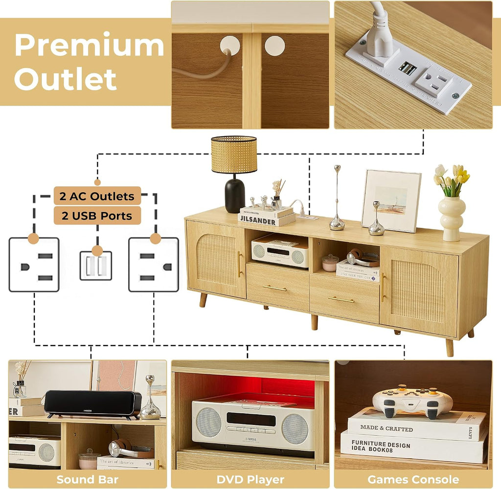 TV Stand for 70 Inch TV, 63' Modern Fluted TV Stand with Outlet, 2 Drawers & Cabinets, Entertainment Center with Open Shelves, Minimalist TV Stands for Living Room (Natural Wood)