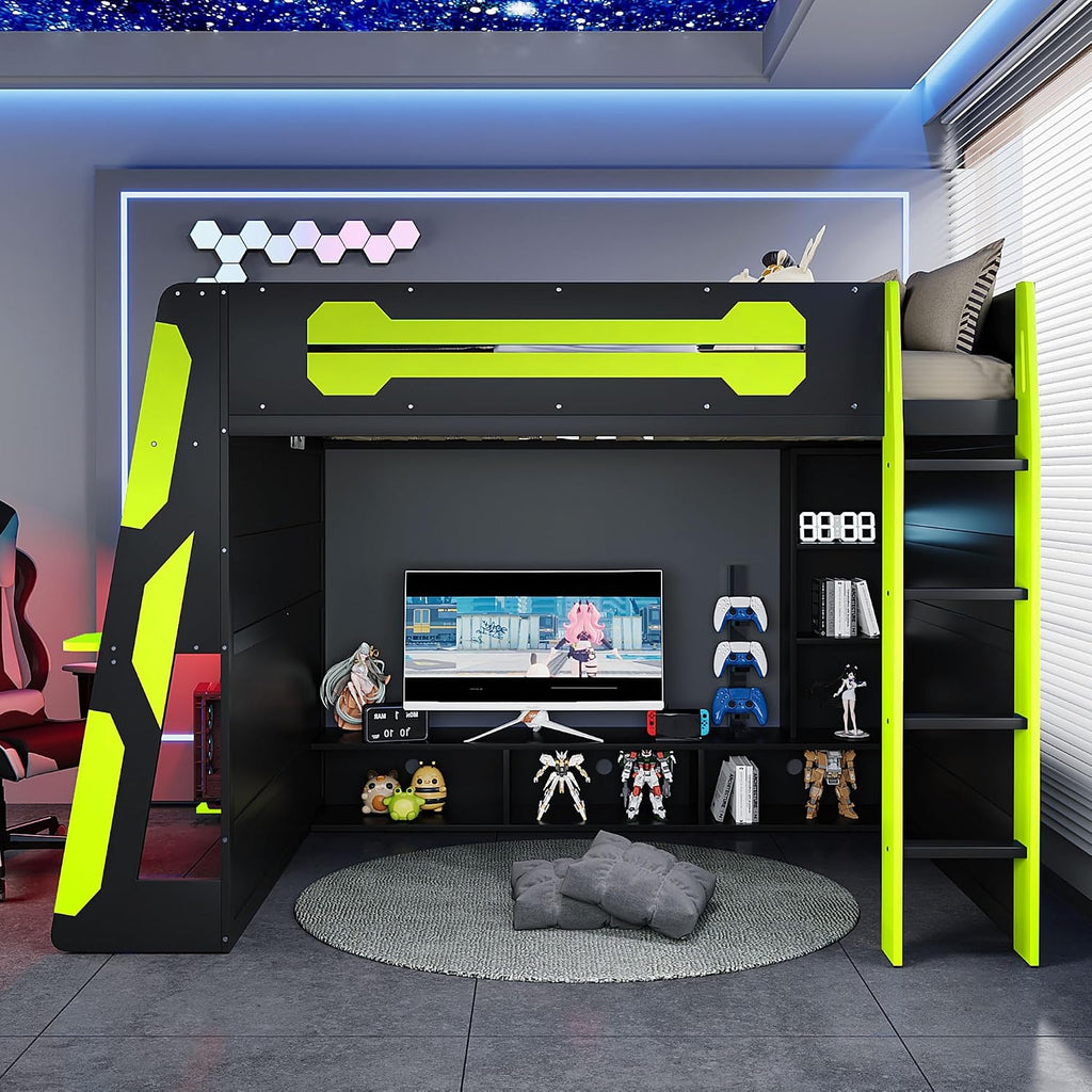LUMISOL Full Size Gaming Loft Bed with Desk, Multi-Storage Shelves, RGB LED Lights & Built-in Charging Stations for Teens & Adults, Heavy Duty Support, Green Black