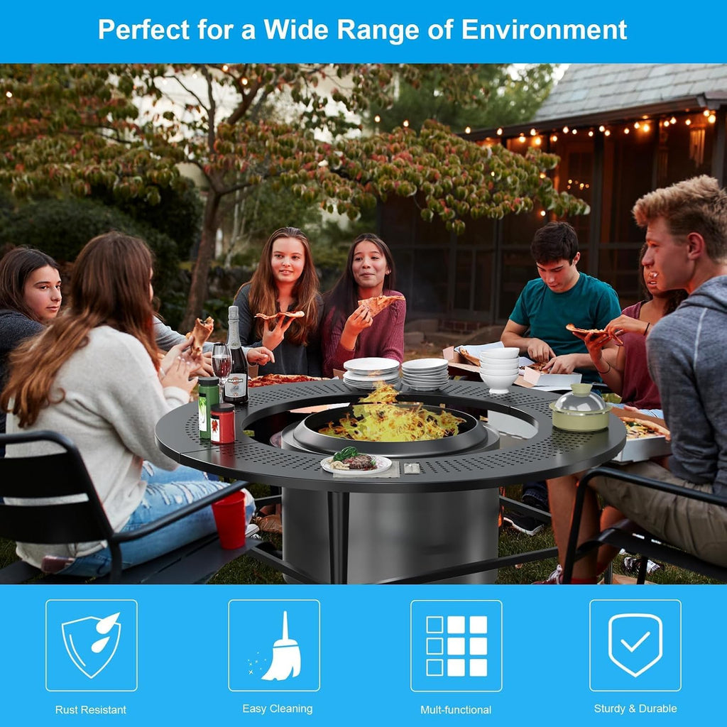 LS'BABQ 40' Fire Pit Surround Tabletop with Waterproof Cover for Solo Stove Bonfire & Ranger, Round Outdoor Fire Pit Table for Most Wood-Burning Stoves Under 22' Dia for Camping, Powder-Coated Steel