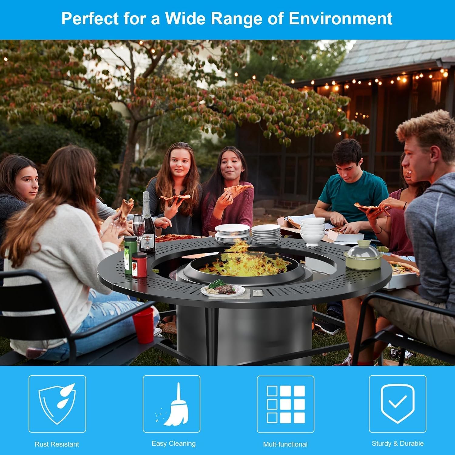 LS'BABQ 45' Fire Pit Surround Tabletop with Waterproof Cover for Solo Stove Yukon & Bonfire, Round Outdoor Fire Pit Table for Most Wood-Burning Stoves Under 28.5' Dia for Camping, Powder-Coated Steel