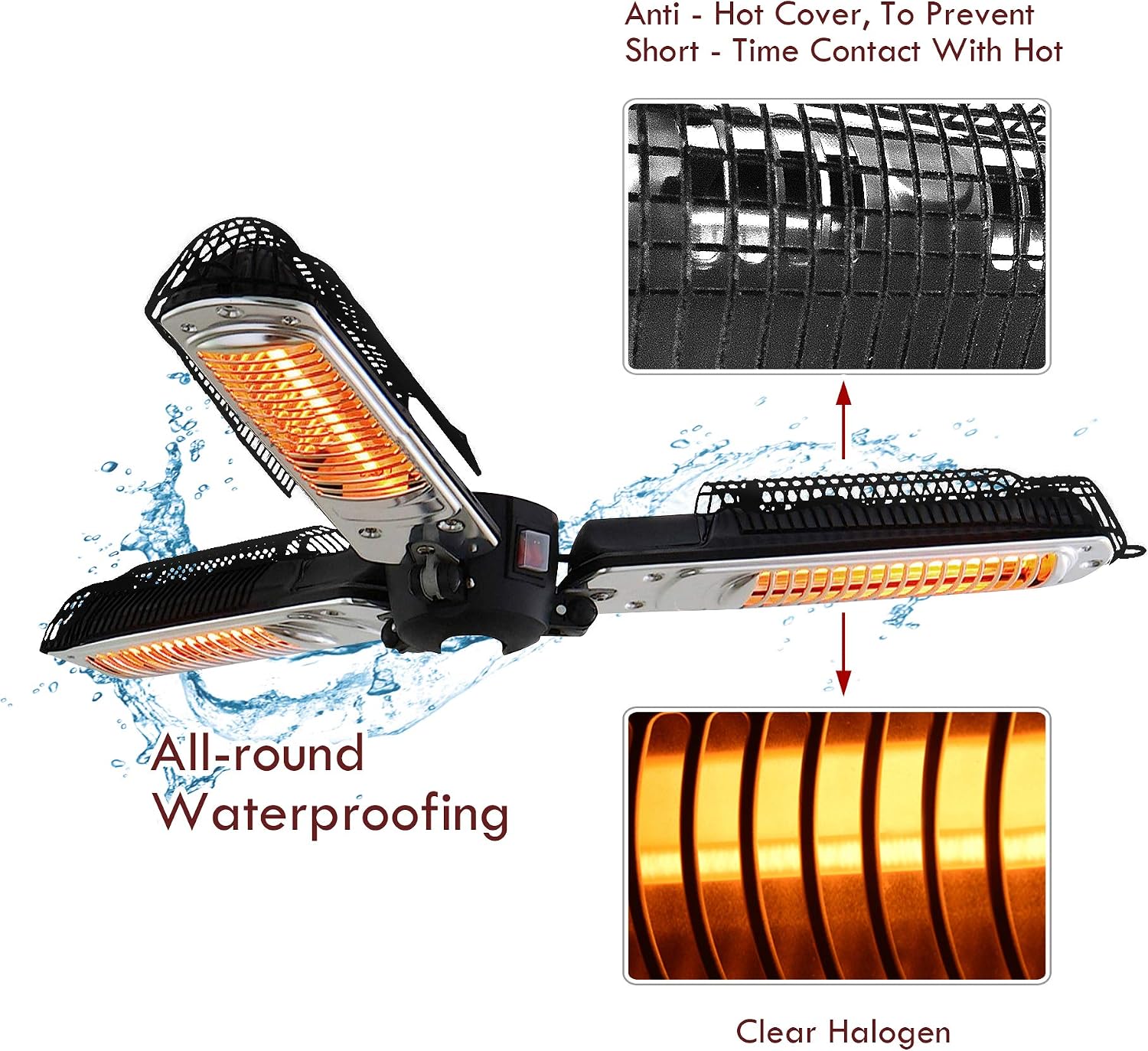 Skypatio Electic Parasol Patio Heater, Folding Electric Outdoor Umbrella Space Heater,3 infrared Heating Lamps for Pergola or Gazebo, 1500W,Black