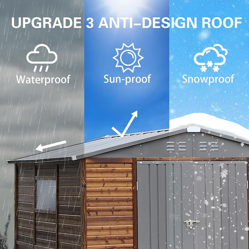 8x8 FT Outdoor Tool Shed, Wood-Iron Combination Storage Shed with Ventilation, Weather-Resistant Roof, Lockable Doors & Wood Grain Finish for Backyard and Garden
