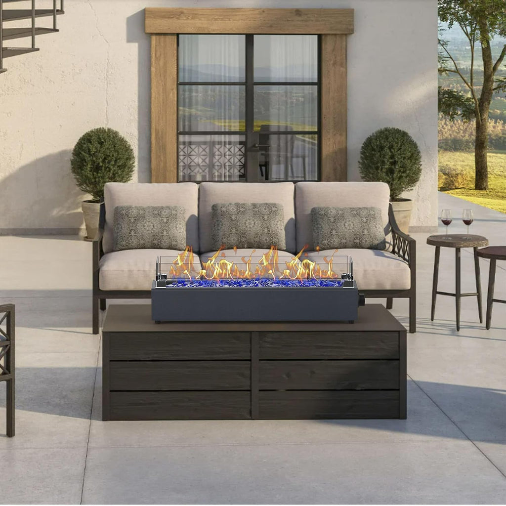 28-inch Table Top Propane Fire Pit, 40,000 BTU Tabletop Firepit for Patio, Outdoor Portable Rectangular Fire Bowl w/Wind Glass Shield, Glass Rocks - Carbon Gray