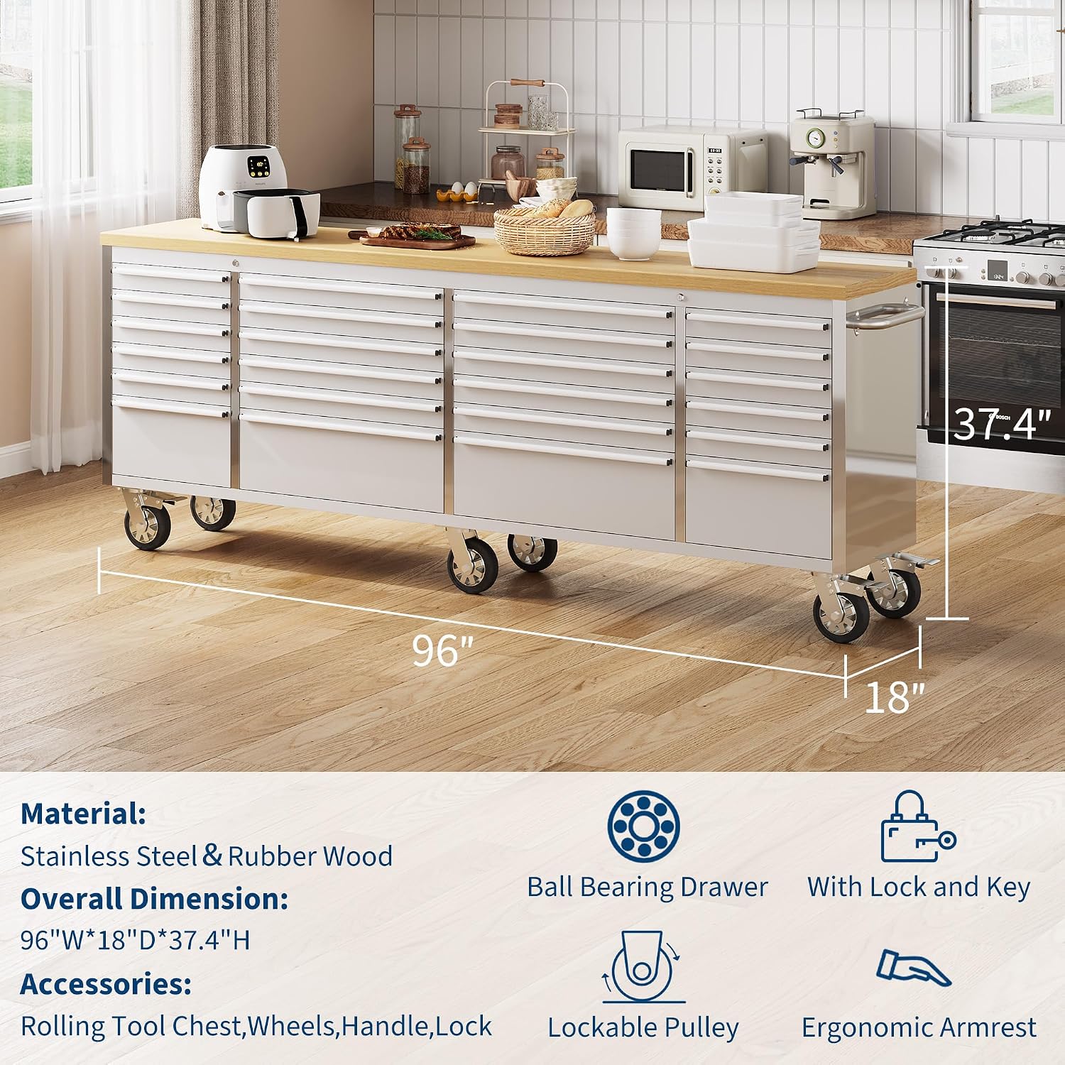 IDEALHOUSE 96 inch Rolling Tool Chest, Garage Workbench with 24 Drawers, Solid Rubber Wood Top & with Wheels Lock Key Locking, Mobile Workstation Tool Cabinet for Workshop Storage