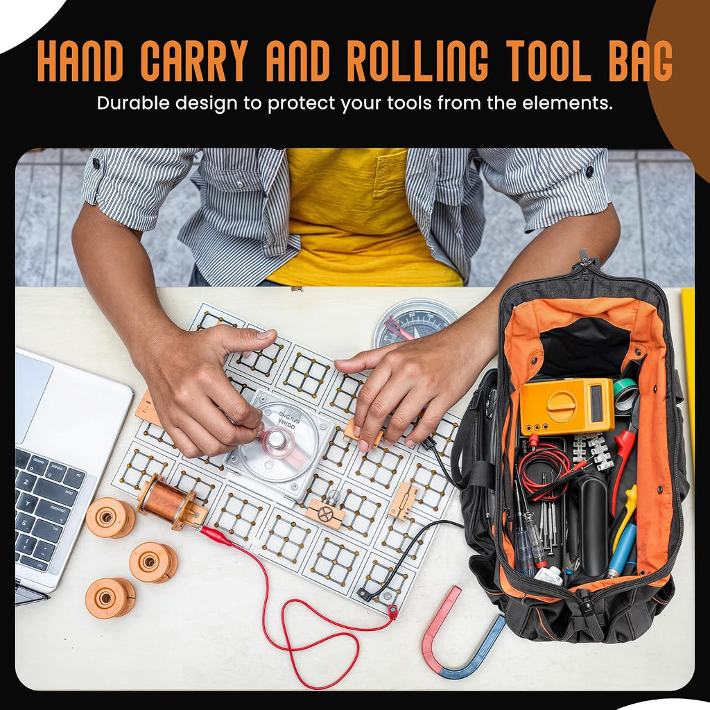 18' Rolling & Duffle Tool Bag - 2 Pack - Portable Tool Bag with Wheels - Water Resistant Fabric - 29 & 15 Pocket Roll Bag for Mechanics, Electricians, Plumbers & Hvac Bag
