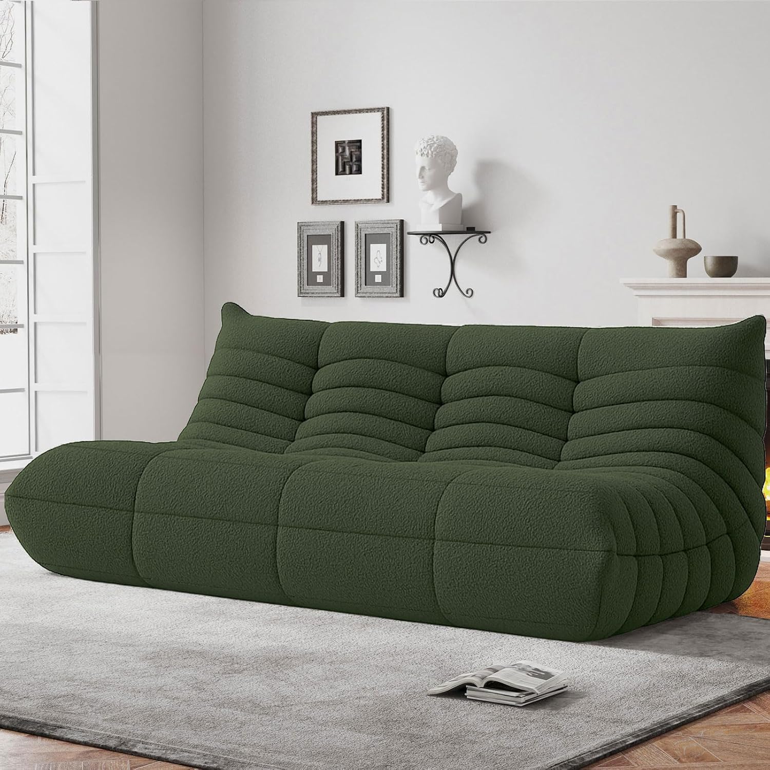 WHGBJA Bean Bag Chairs for Adults, BeanBag Reading Chair Memory Foam Couch 3-Seater, Floor Chair Soft Teddy Material, Comfy Reading Nook Chairs for Bedroom Living Room Office (Green)