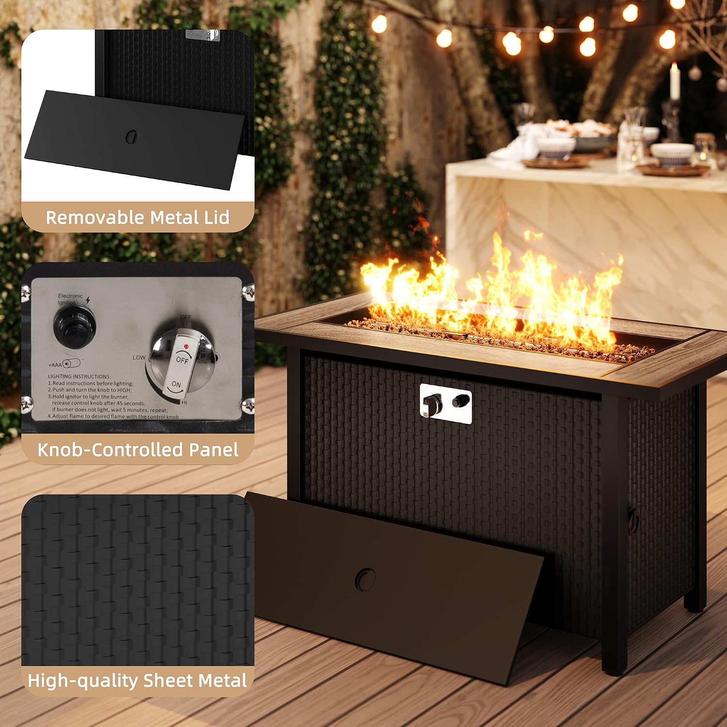 45 Inch Propane Fire Pit Table, 50,000 BTU Outdoor Gas Fire Pit for Patio & Backyard, Rectangular Firepit Table with Lava Rocks, 2-in-1 Convertible Outdoor Table