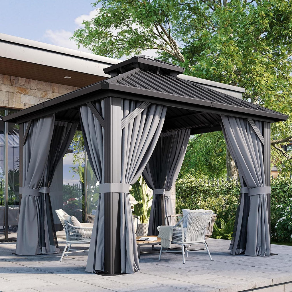 Aoxun 10Ft X 10Ft Hardtop Gazebo, Aluminum Metal Outdoor Gazebo with Breathable Netting and Curtains, Galvanized Steel Double Top, Permanent Patio Pavilion for Backyard, Wedding, Party